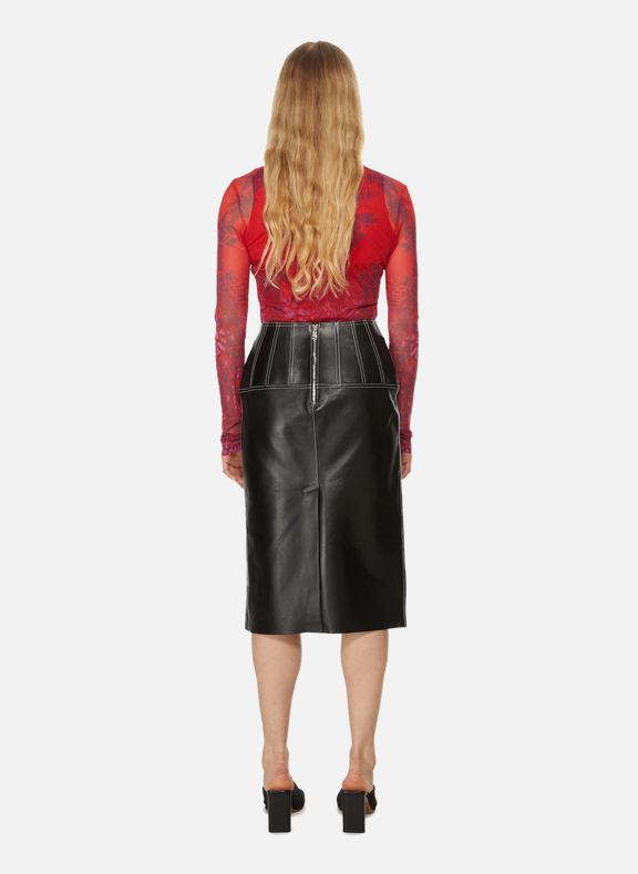 Black leather pencil skirt, satin blouse on Craiyon
