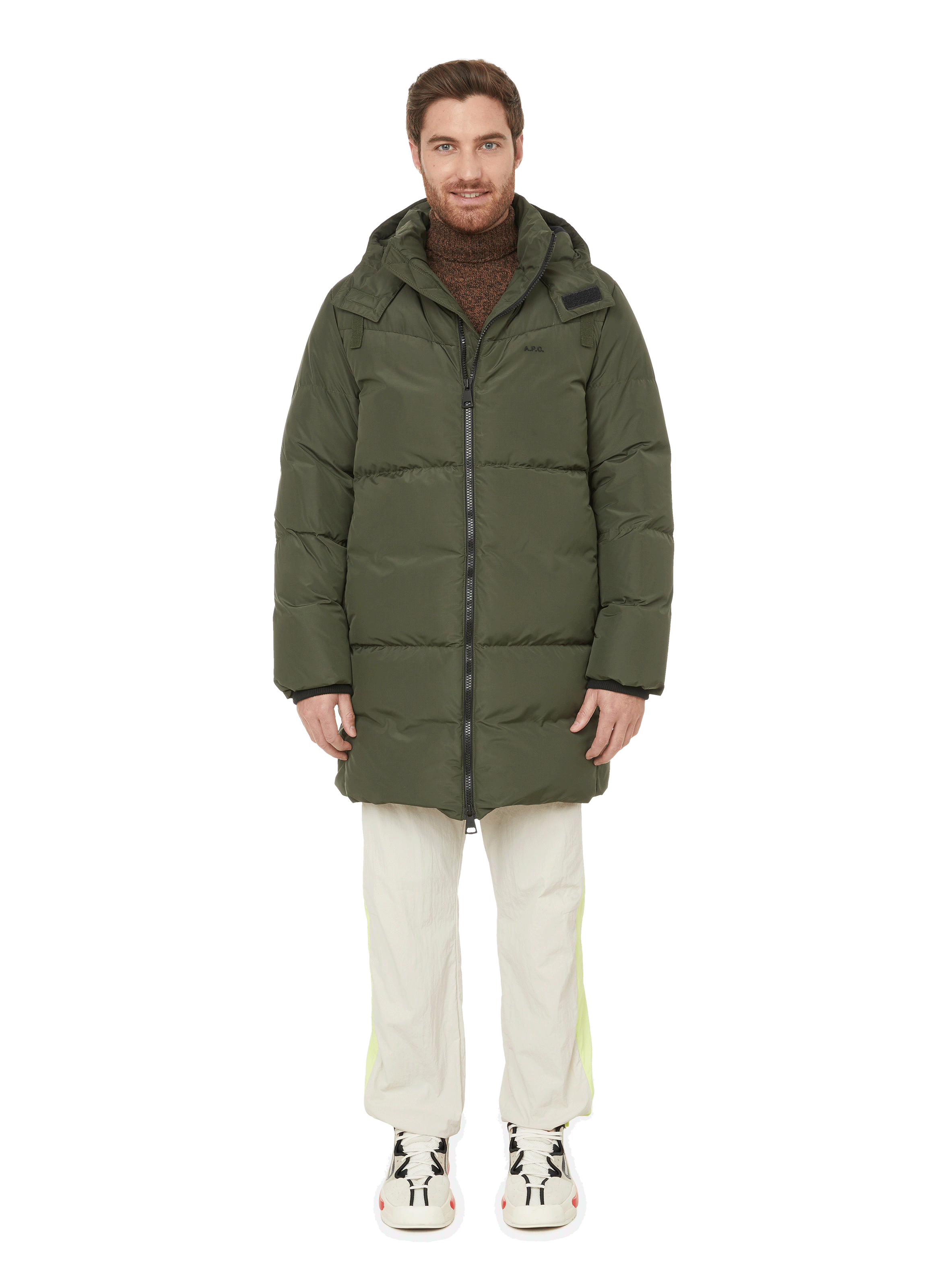 khaki long puffer coat