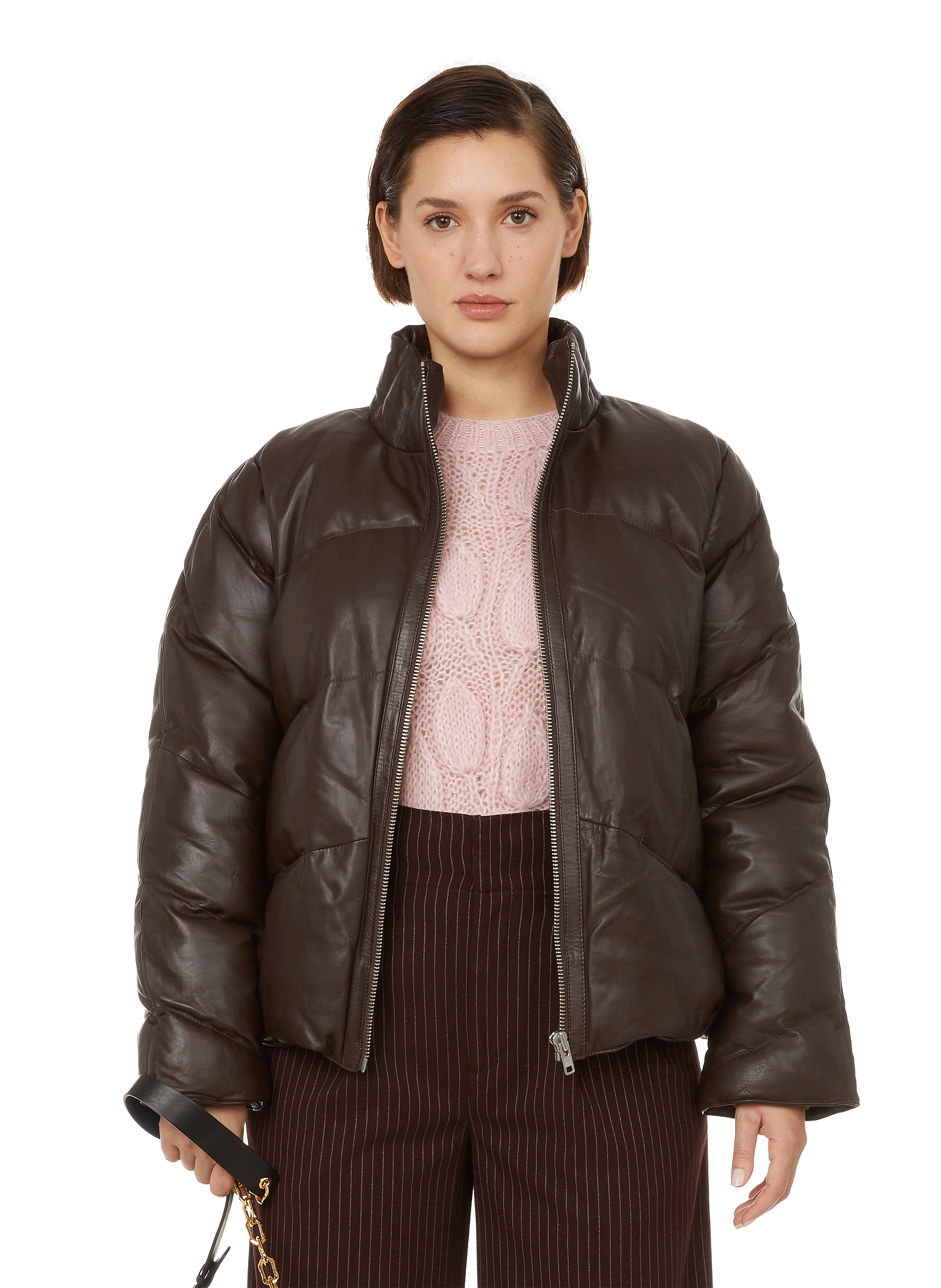 leather puffer jacket brown