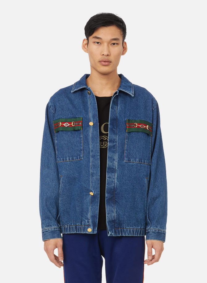 Denim jacket with green and red Web stripe details GUCCI