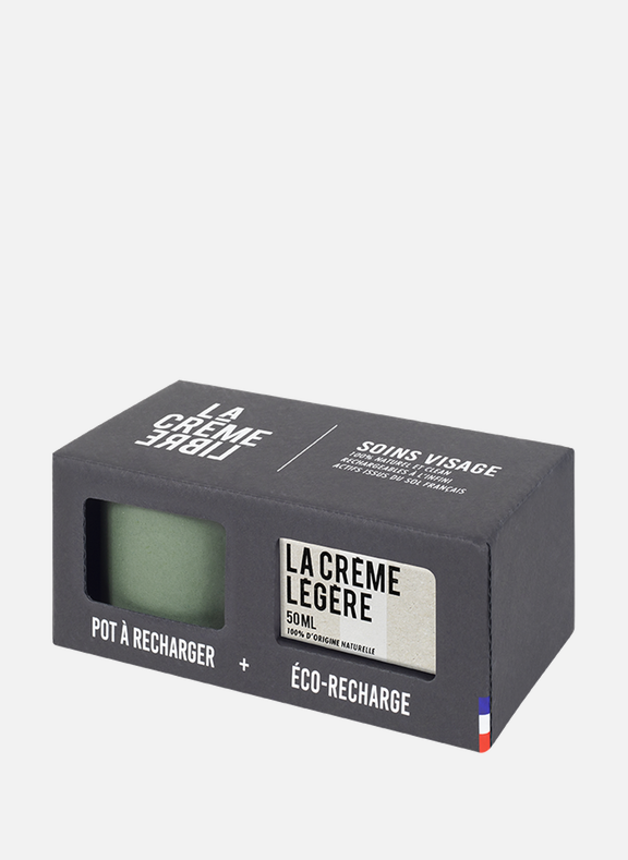 LA CREME LIBRE Crème Légère light facial cream with teal refillable concrete pot 