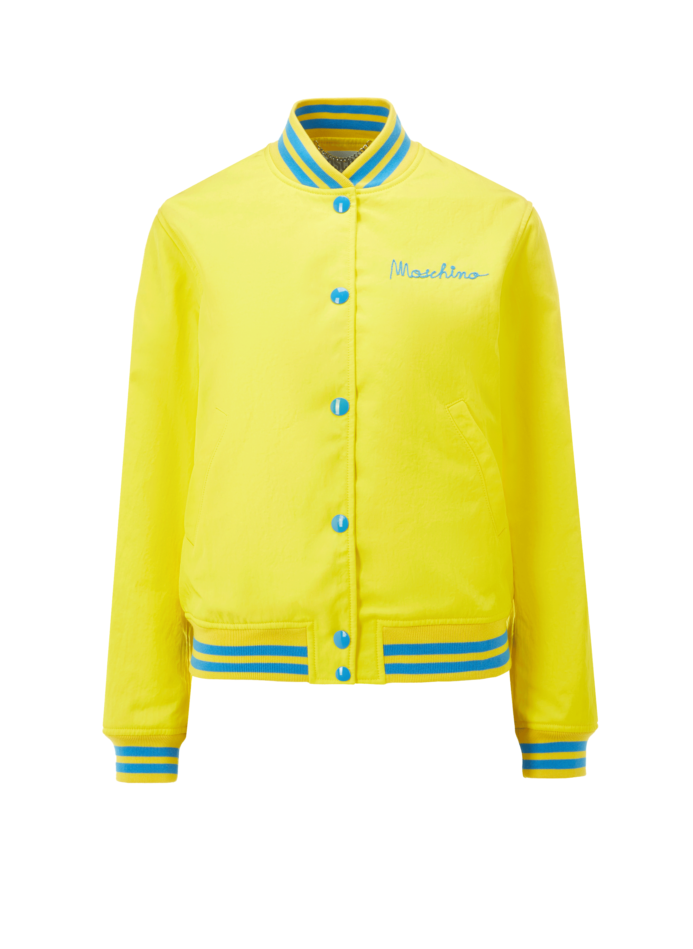 blue and yellow bomber jacket