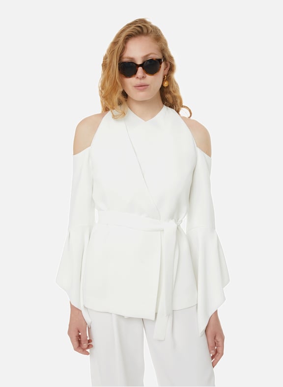 Cold shoulder crepe jacket White by MYBESTFRIENDS MYBESTFRIENDS Cold shoulder crepe jacket White