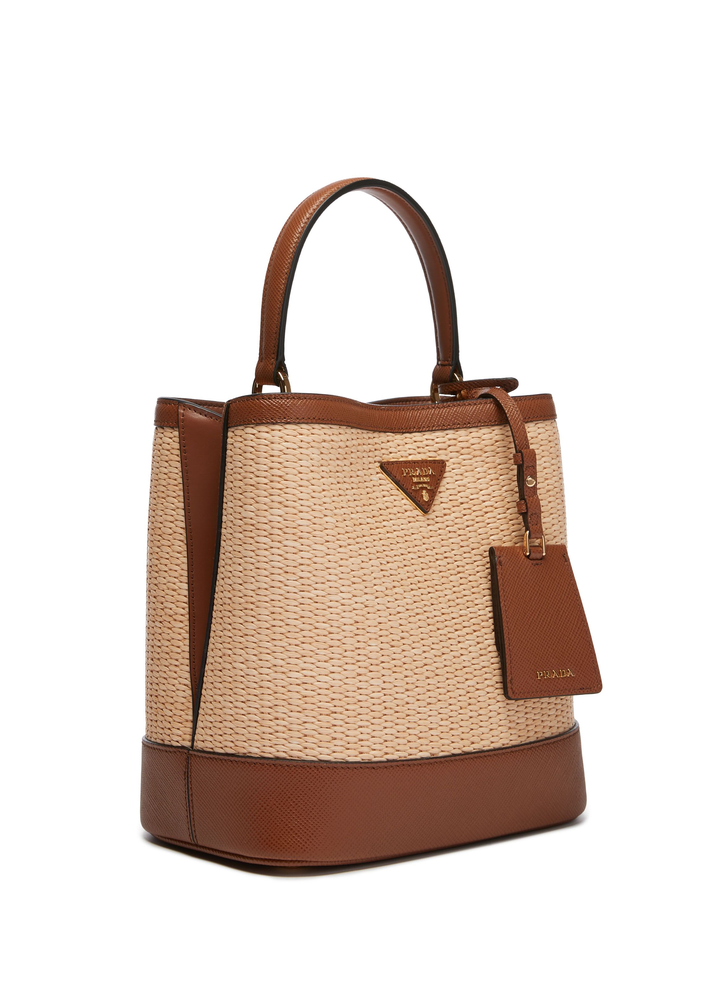 prada straw and leather tote