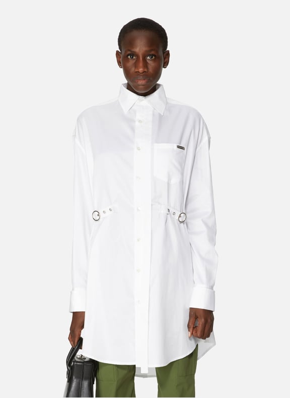 Shirt Dress with belt tightening notches White by PRIVATE POLICY PRIVATE POLICY Shirt Dress with belt tightening notches White