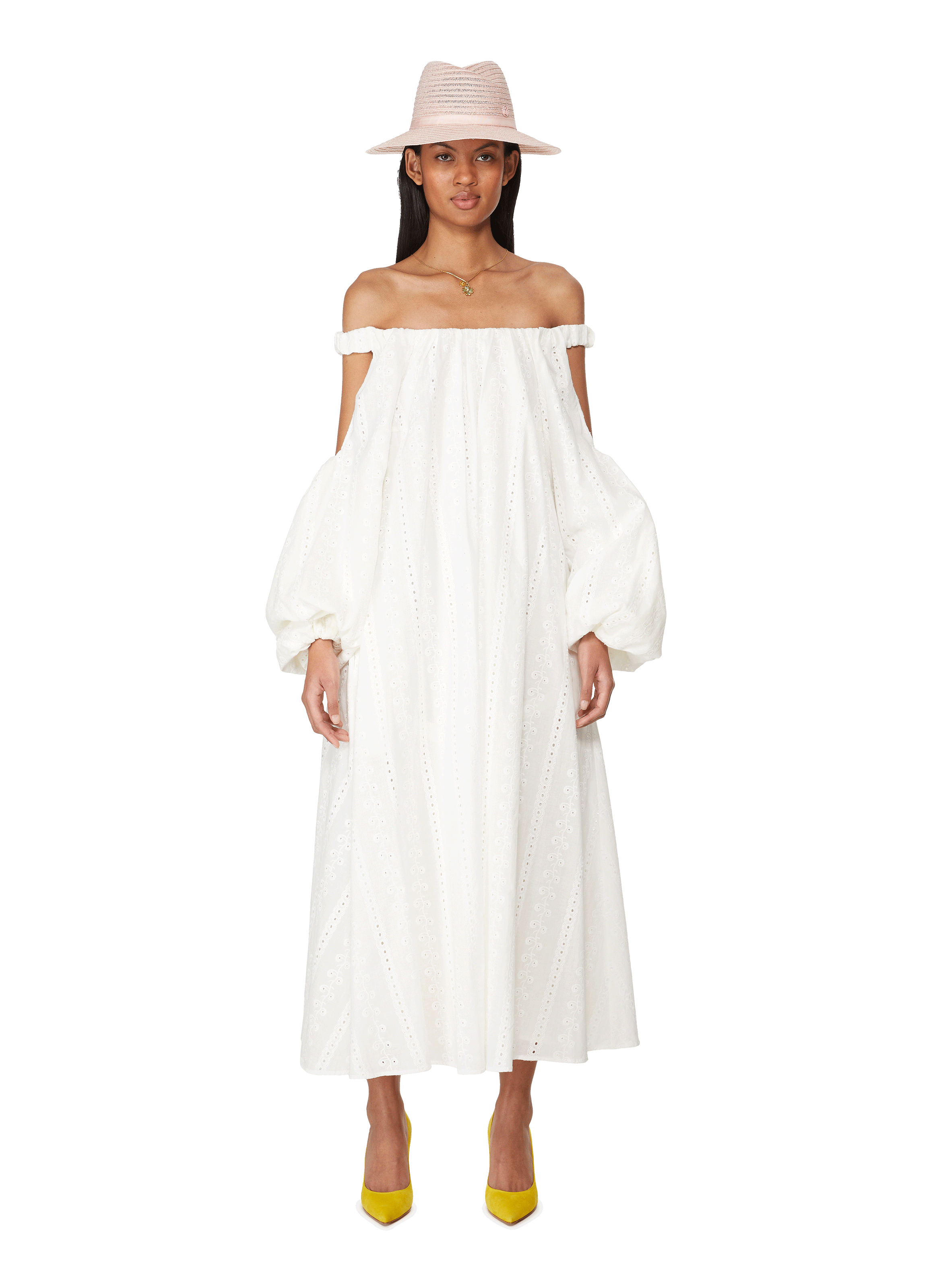 off the shoulder white linen maxi dress