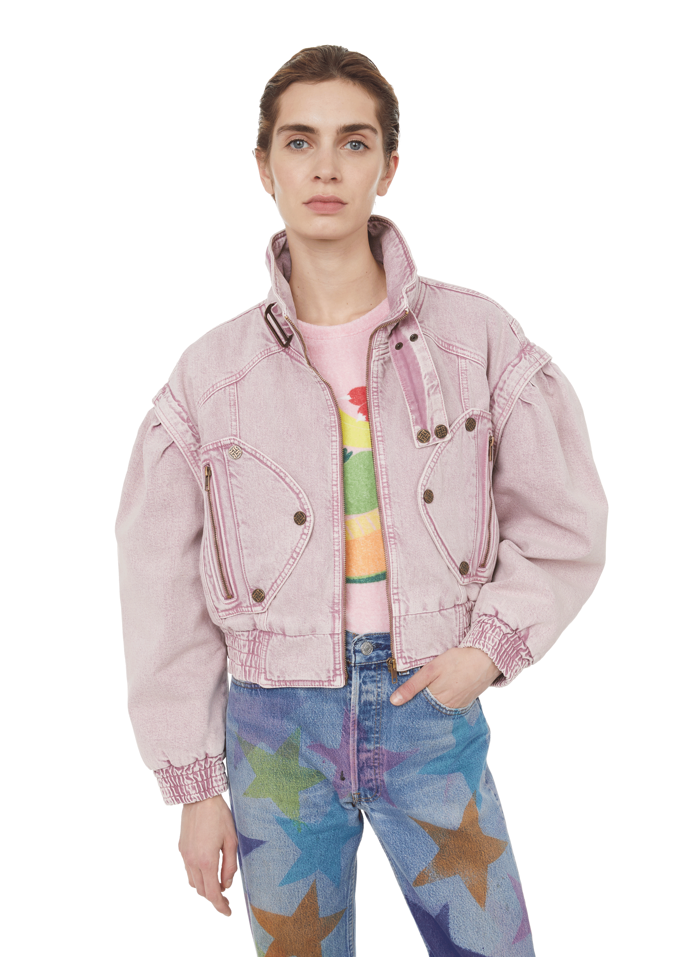 pink patchwork denim jacket