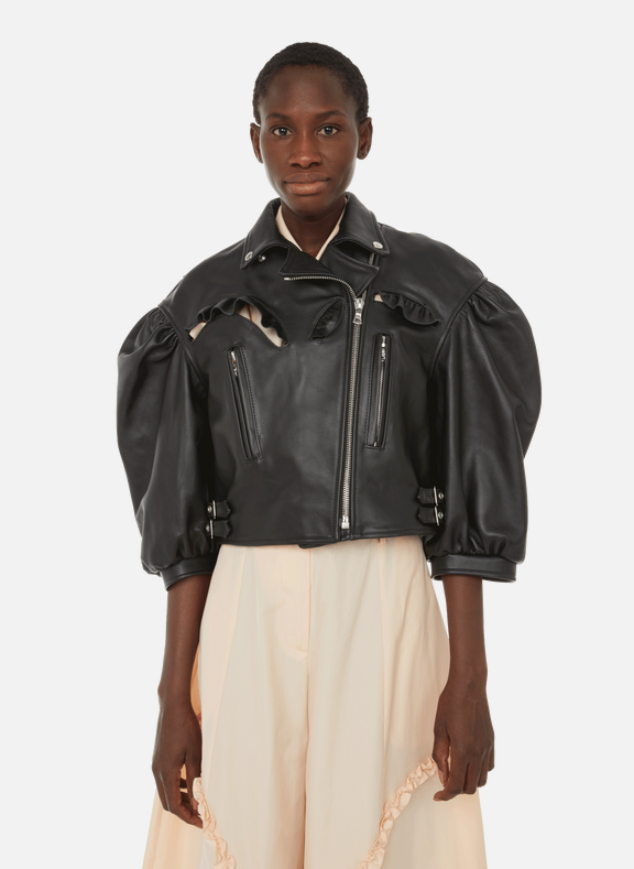 SIMONE ROCHA Leather jacket with ruffles Black