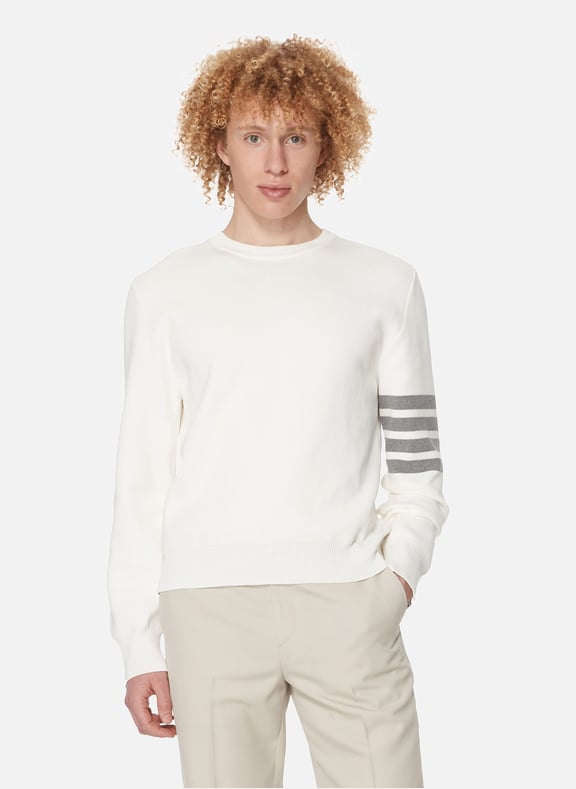 Milano Stitch 4-Bar Cotton Sweater White by THOM BROWNE THOM BROWNE Milano Stitch 4-Bar Cotton Sweater White