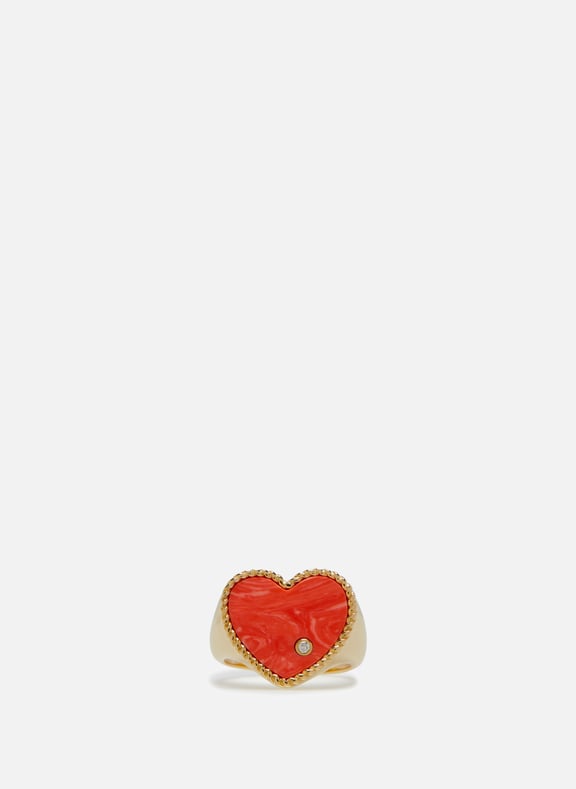 Yellow gold Coral Heart Signet Ring Orange by YVONNE LÉON YVONNE LÉON Yellow gold Coral Heart Signet Ring Orange