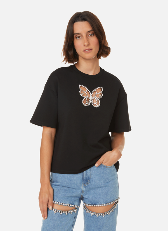 AREA T-shirt à motif papillon en strass Noir
