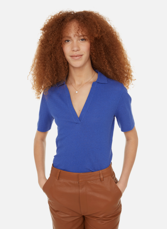 AU PRINTEMPS PARIS T-shirt col V en coton et lin Bleu