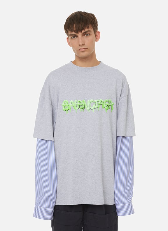 T-shirt manches chemise rayée en coton Gris by BALENCIAGA BALENCIAGA T-shirt manches chemise rayée en coton Gris