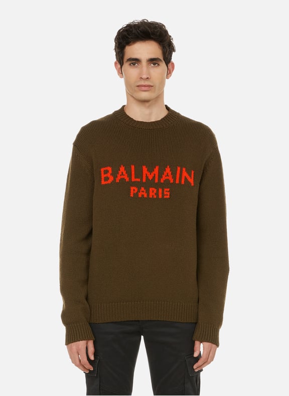 Pull à logo en laine Kaki by BALMAIN BALMAIN Pull à logo en laine Kaki