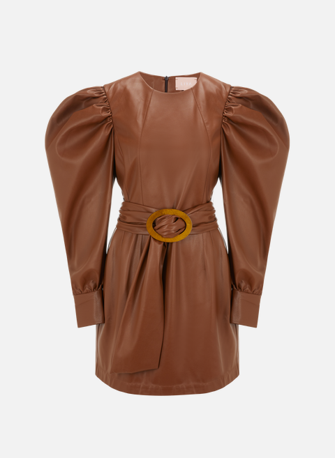 Brown Vegan Leather Puff Sleeve Short DressLIYA 