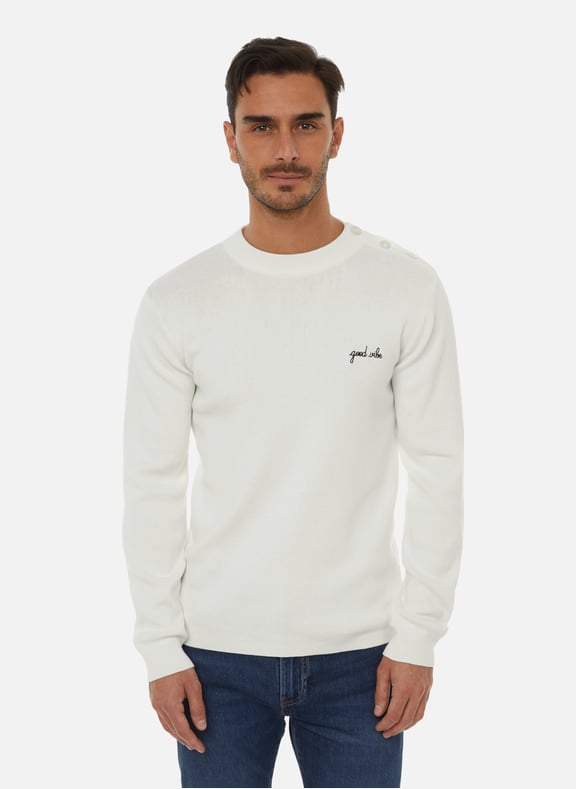 Pull Verdeau Good Vibe en maille de coton Blanc by MAISON LABICHE MAISON LABICHE Pull Verdeau Good Vibe en maille de coton Blanc
