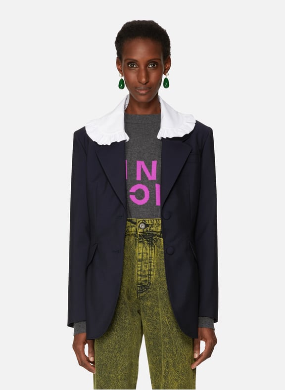 Blazer à col contrastant en laine vierge et mohair Bleu by MIU MIU MIU MIU Blazer à col contrastant en laine vierge et mohair Bleu