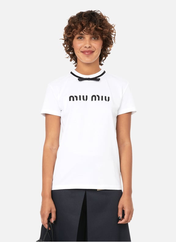 T-shirt à logo en coton Blanc by MIU MIU MIU MIU T-shirt à logo en coton Blanc