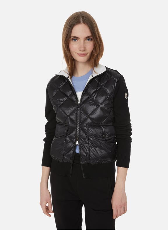 Cardigan bi-matière en laine vierge et matelassé Noir by MONCLER MONCLER Cardigan bi-matière en laine vierge et matelassé Noir