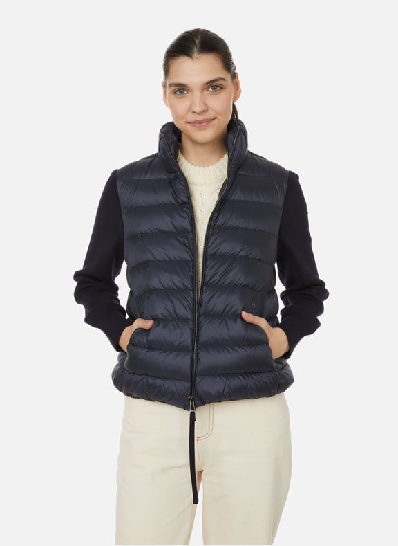 Cardigan bi-matière en laine vierge et nylon Bleu by MONCLER MONCLER Cardigan bi-matière en laine vierge et nylon Bleu