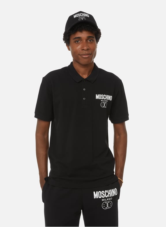 Polo Smiley en piqué de coton Noir by MOSCHINO MOSCHINO Polo Smiley en piqué de coton Noir