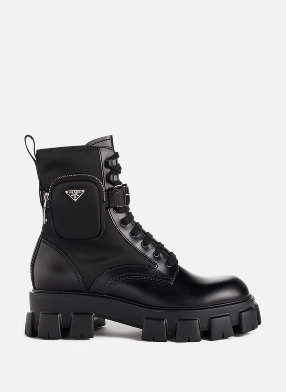 PRADA Combat boots Monolith en cuir et Re-nylon Noir