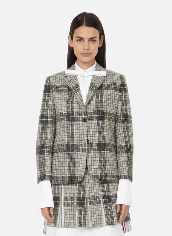 Blazer droit à carreaux en laine Gris by THOM BROWNE THOM BROWNE Blazer droit à carreaux en laine Gris