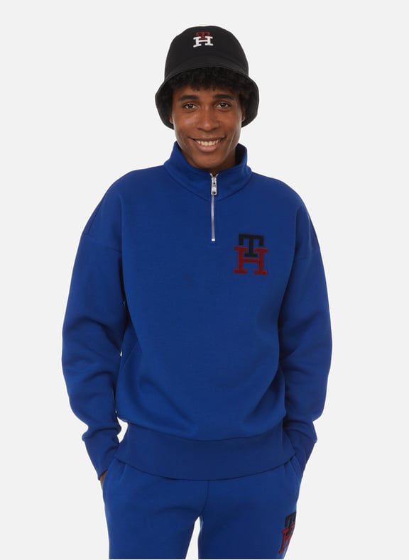 Sweatshirt col zippé en coton mélangé Bleu by TOMMY HILFIGER TOMMY HILFIGER Sweatshirt col zippé en coton mélangé Bleu