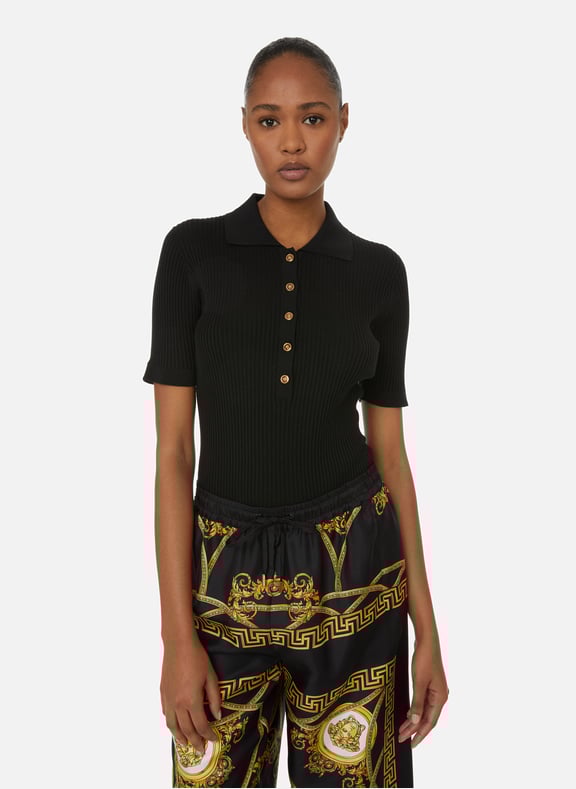 Polo côtelé en soie mélangée Noir by VERSACE VERSACE Polo côtelé en soie mélangée Noir