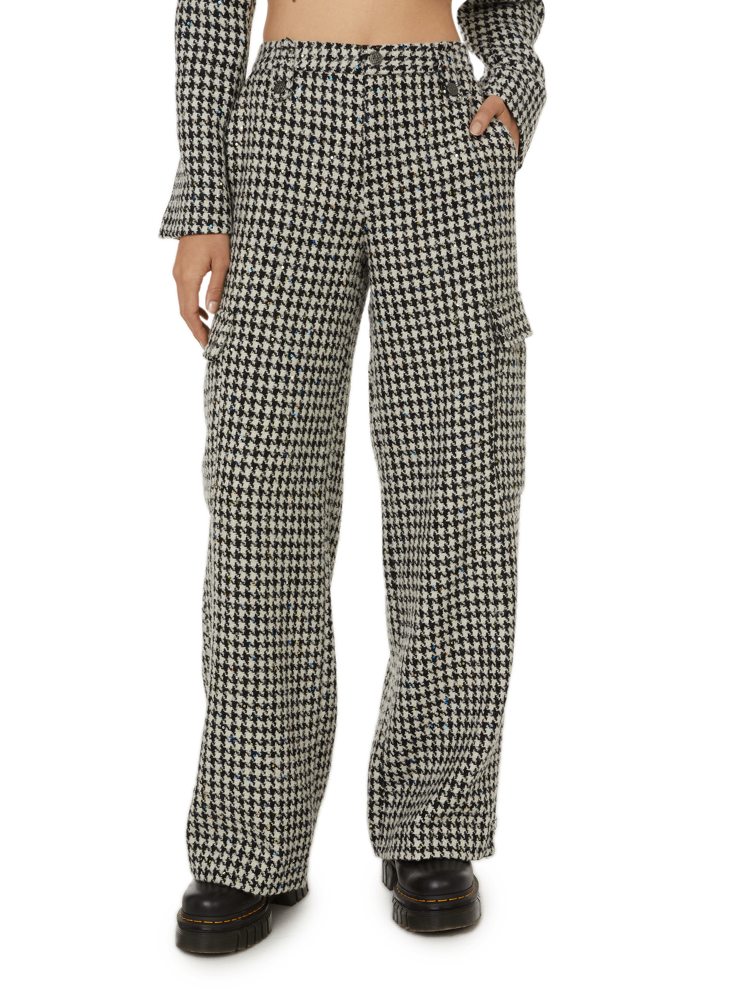 Houndstooth and sequin virgin wool-blend wide-leg trousers | ROTATE