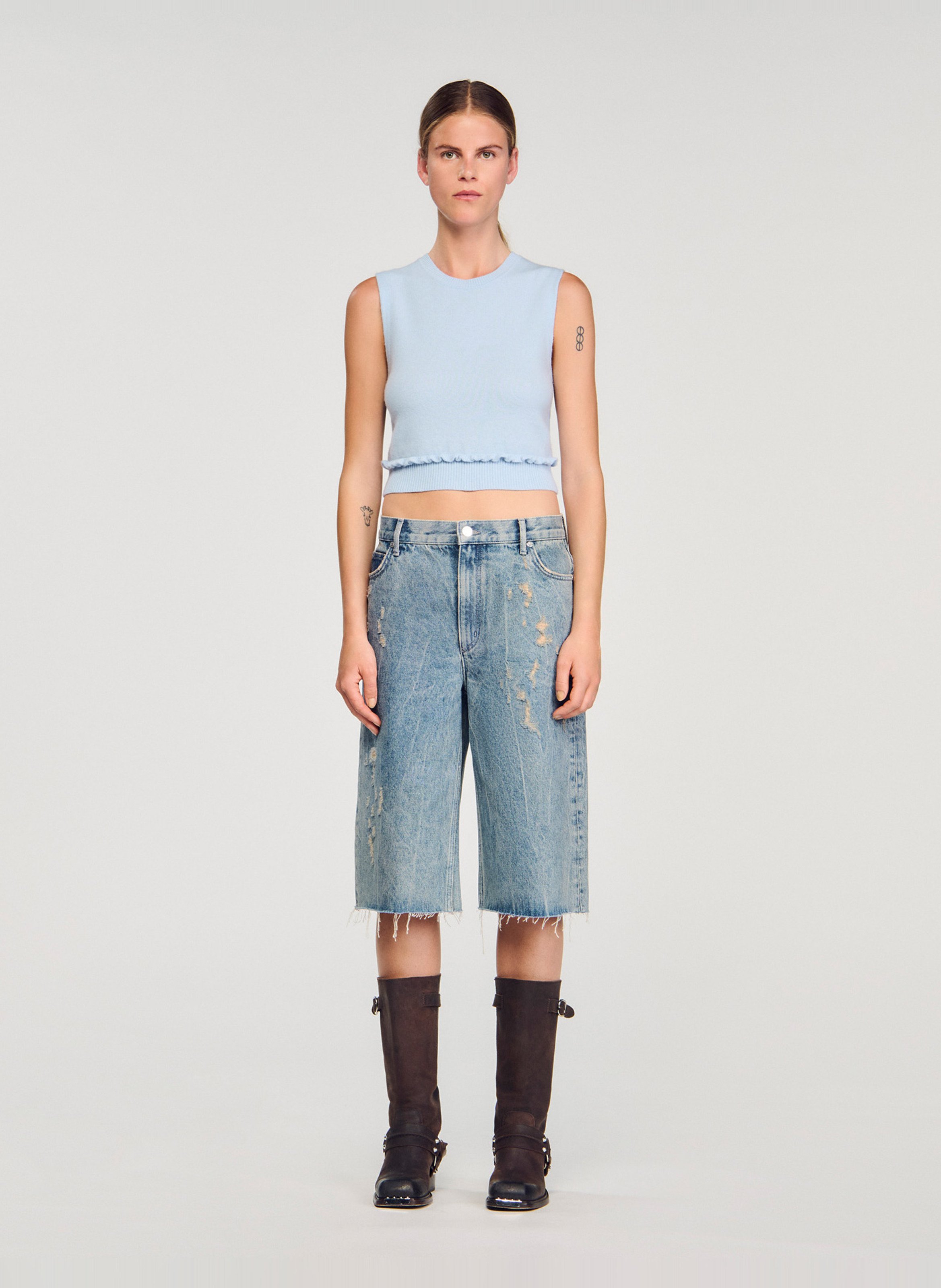 Top col rond en laine Bleu