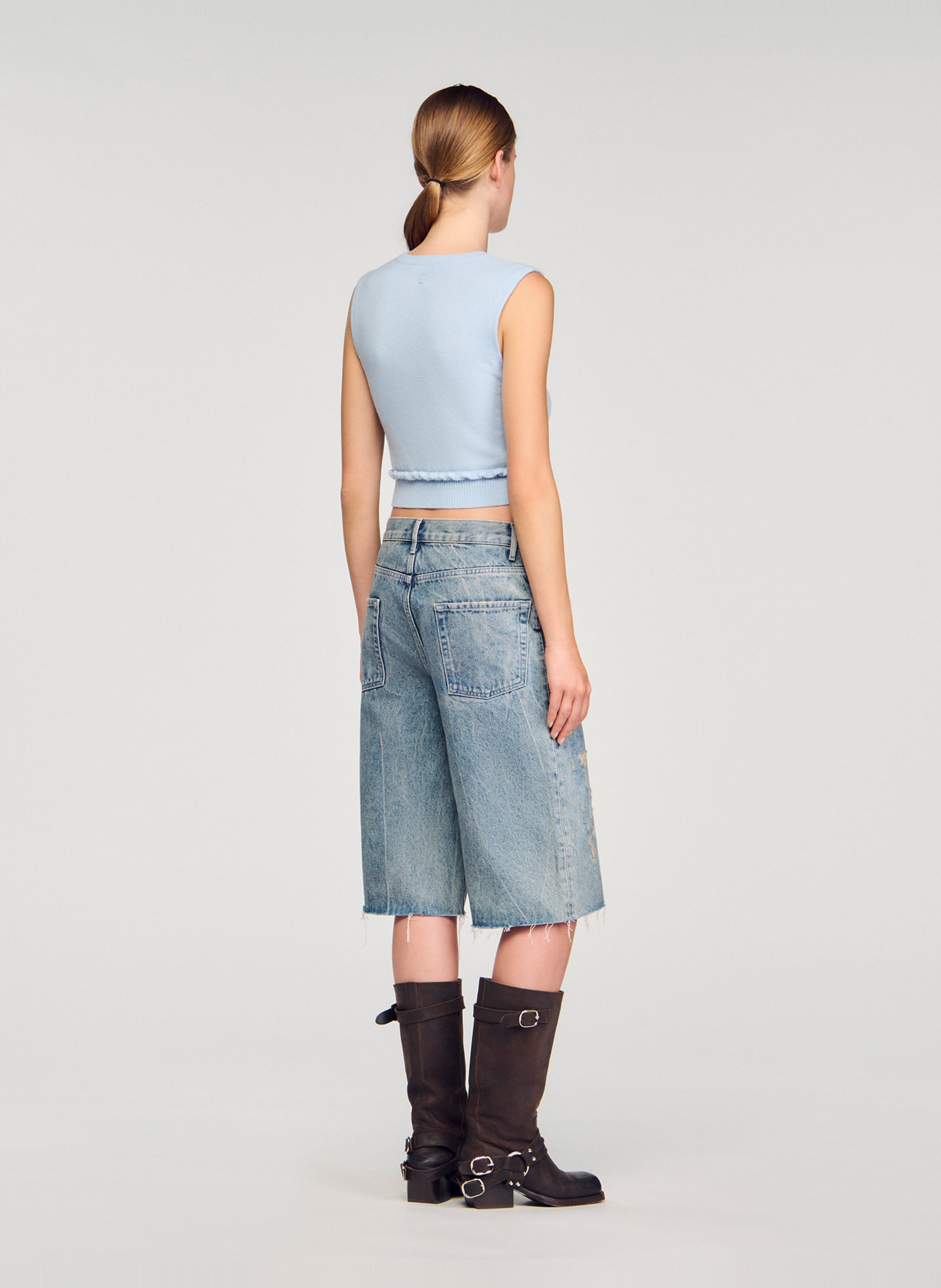 Top col rond en laine Bleu