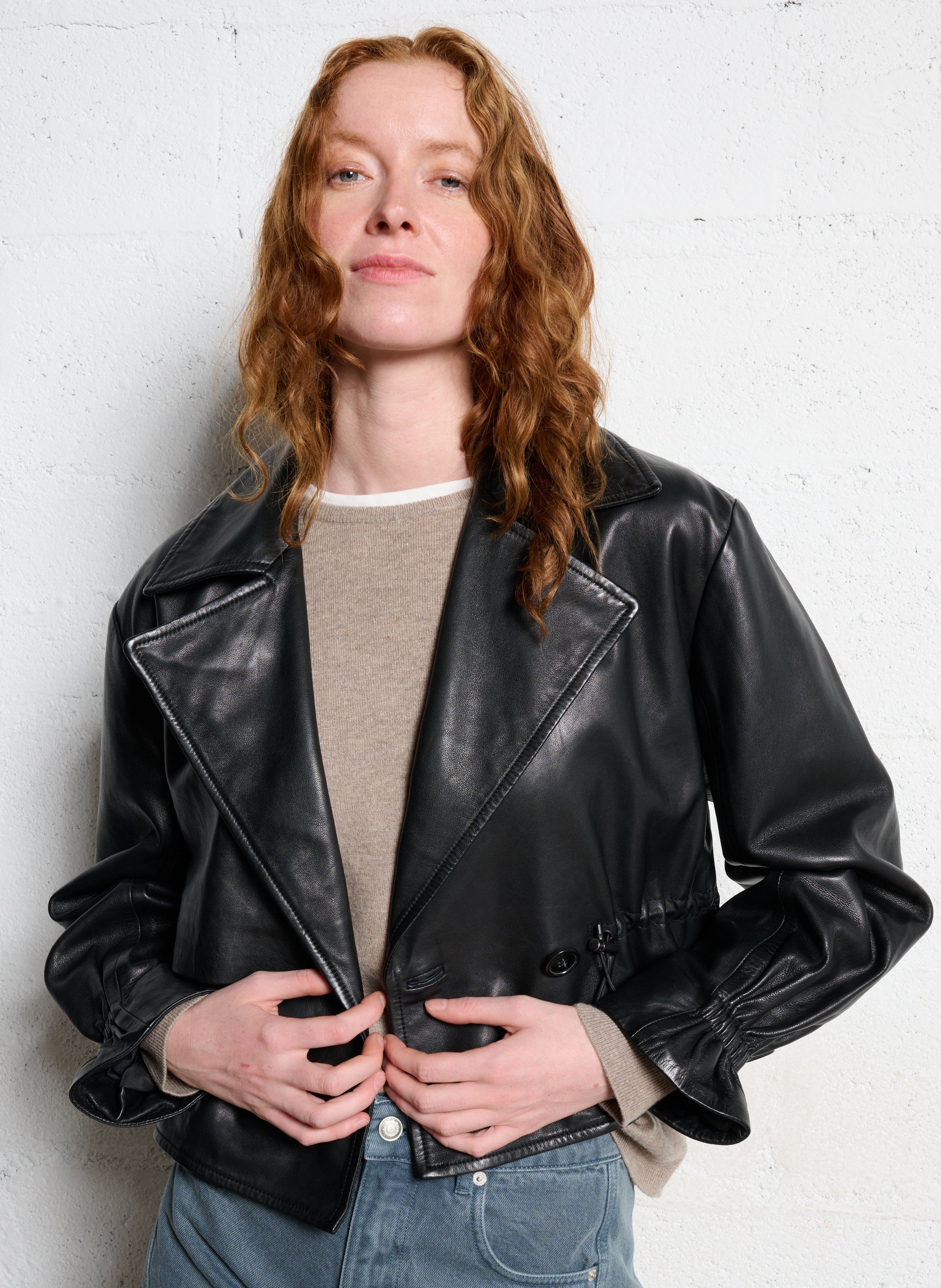 Veste oversize col tailleur en cuir IKKS Noir