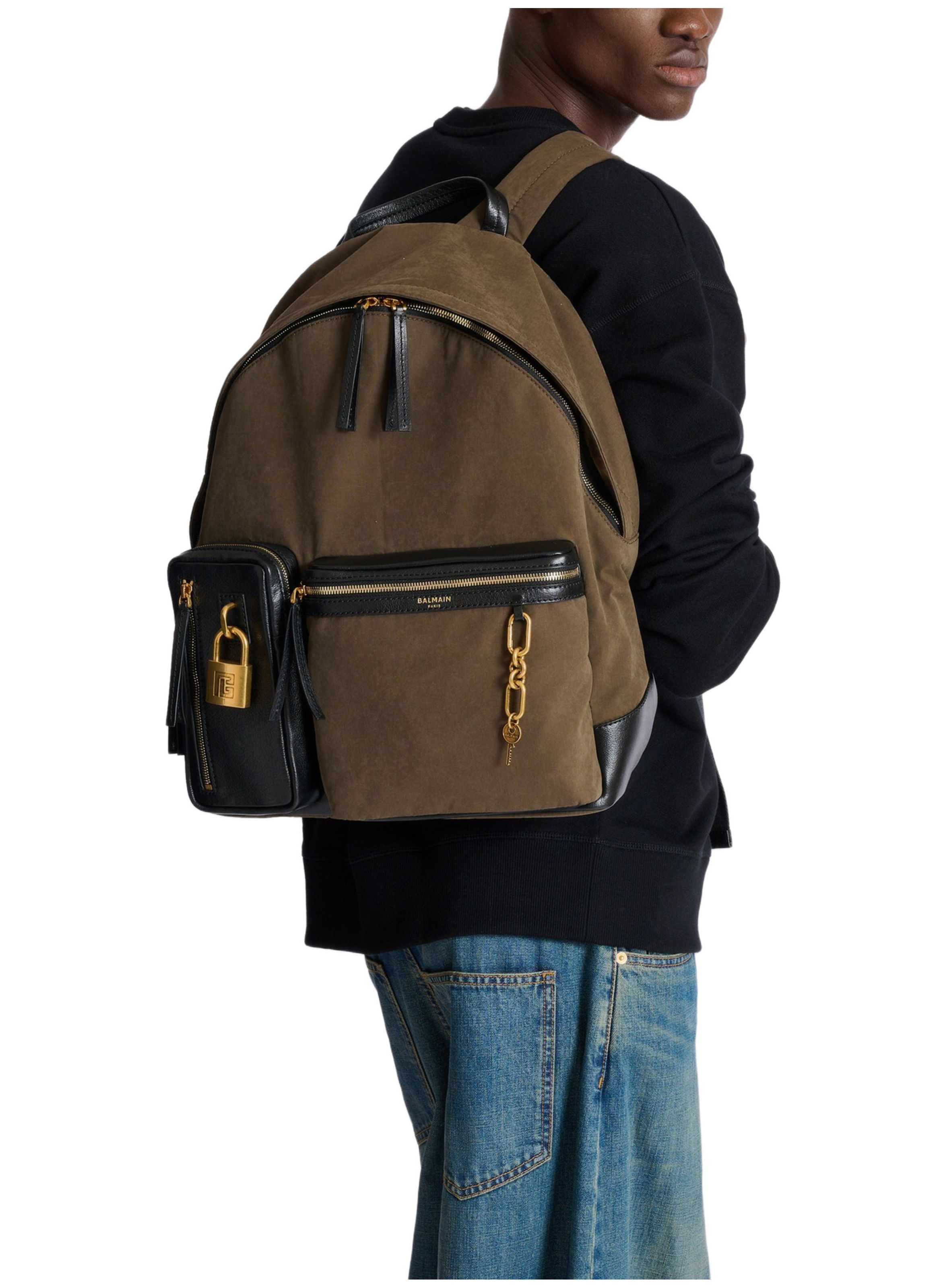 Sac à dos pulse en cuir de veau et nylon BALMAIN Vert