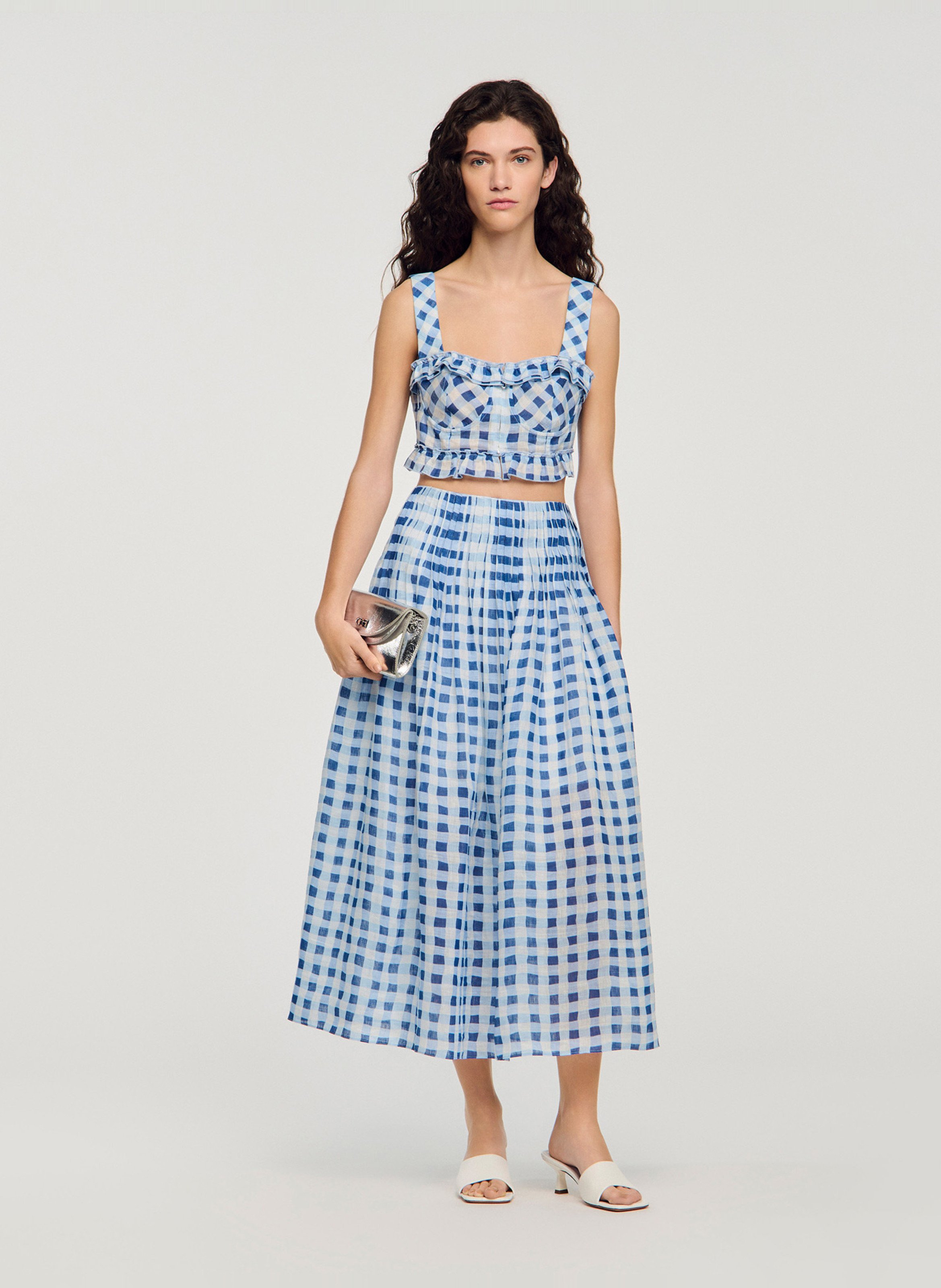 Jupe midi carreaux de vichy en lin mélangé SANDRO Bleu