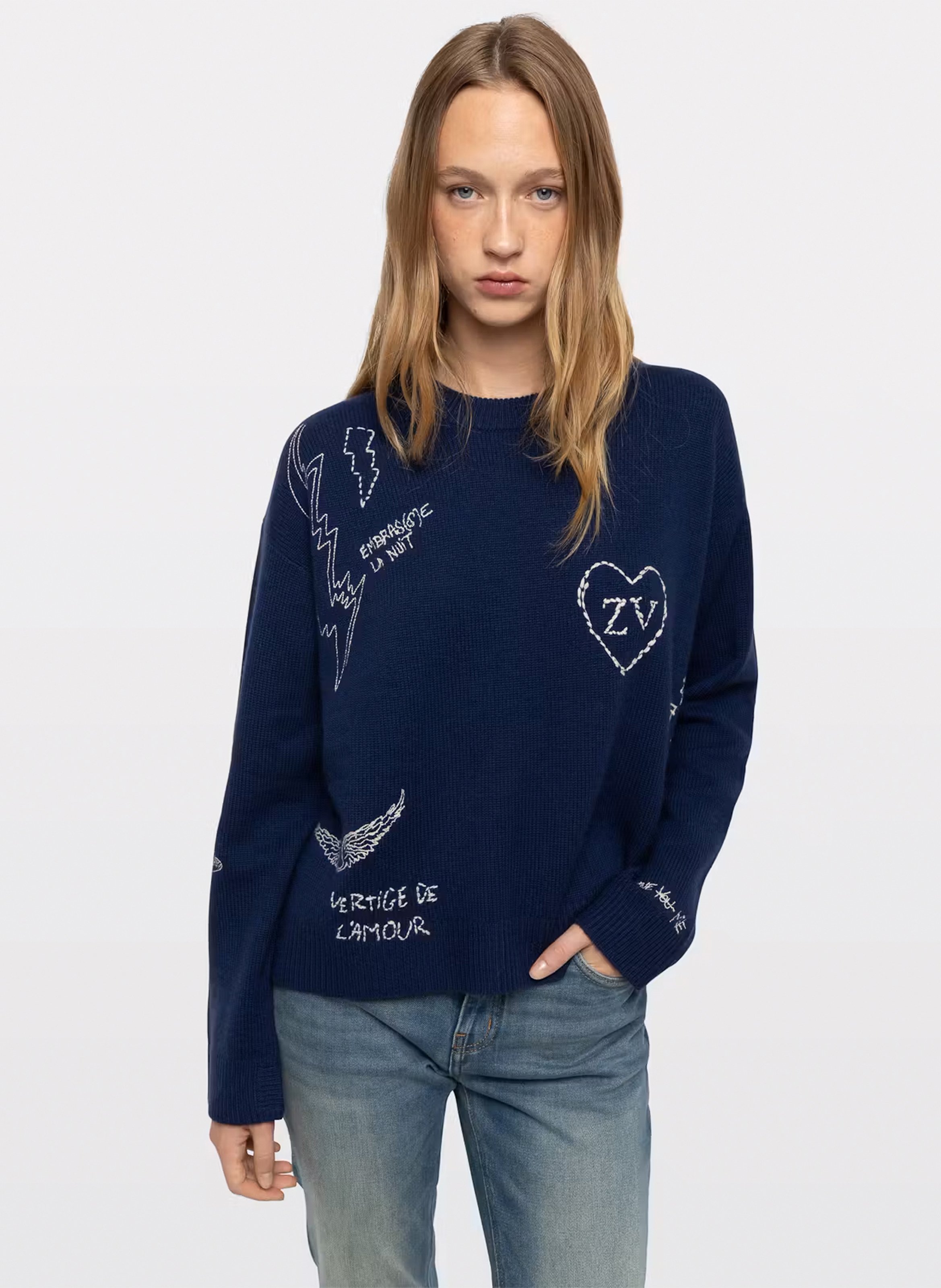 Markuz rechte geborduurde trui met ronde hals van kasjmier ZADIG&VOLTAIRE Blauw
