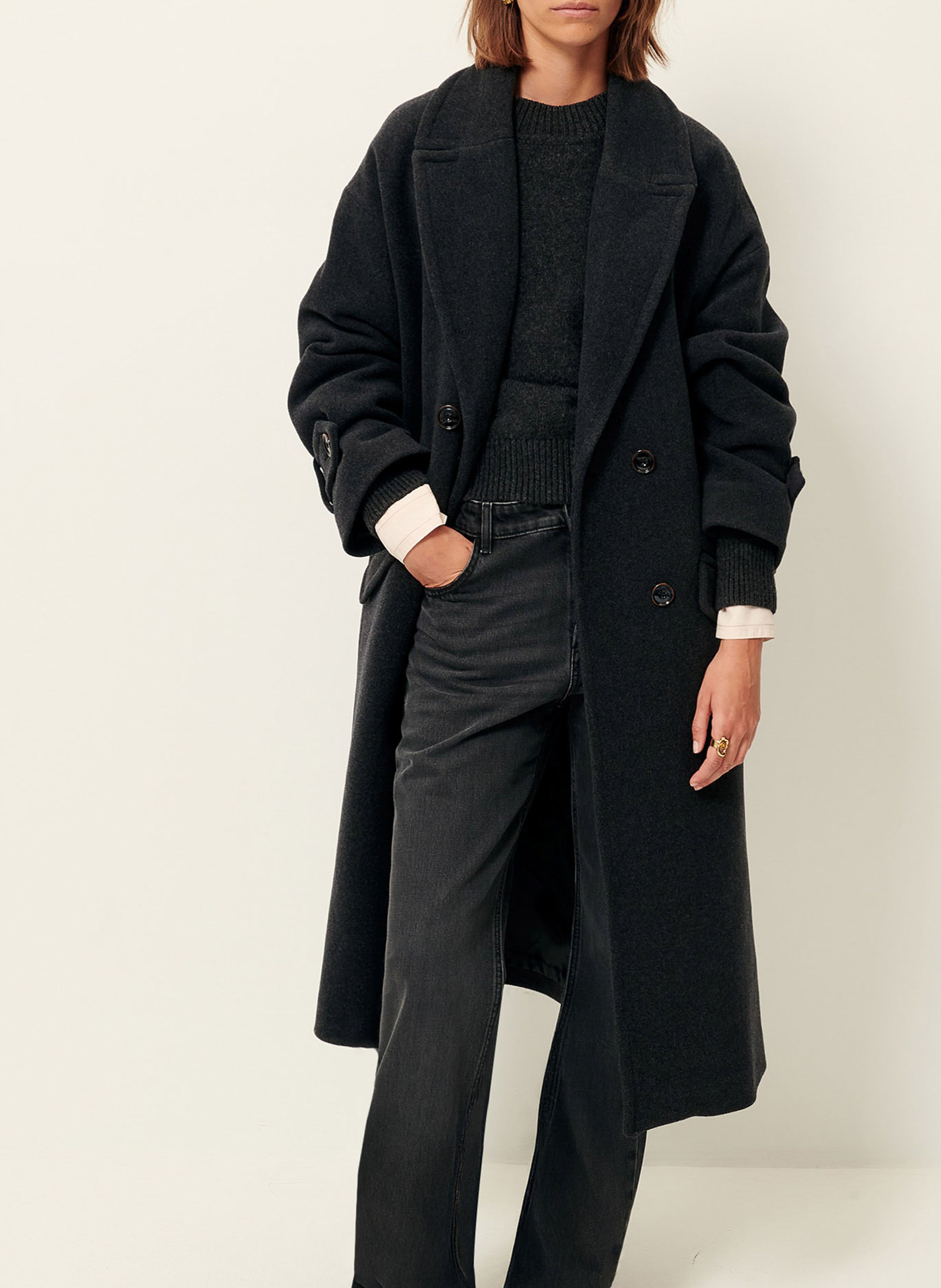 SESSUN Manteau droit col tailleur en laine mélangée mia Gris