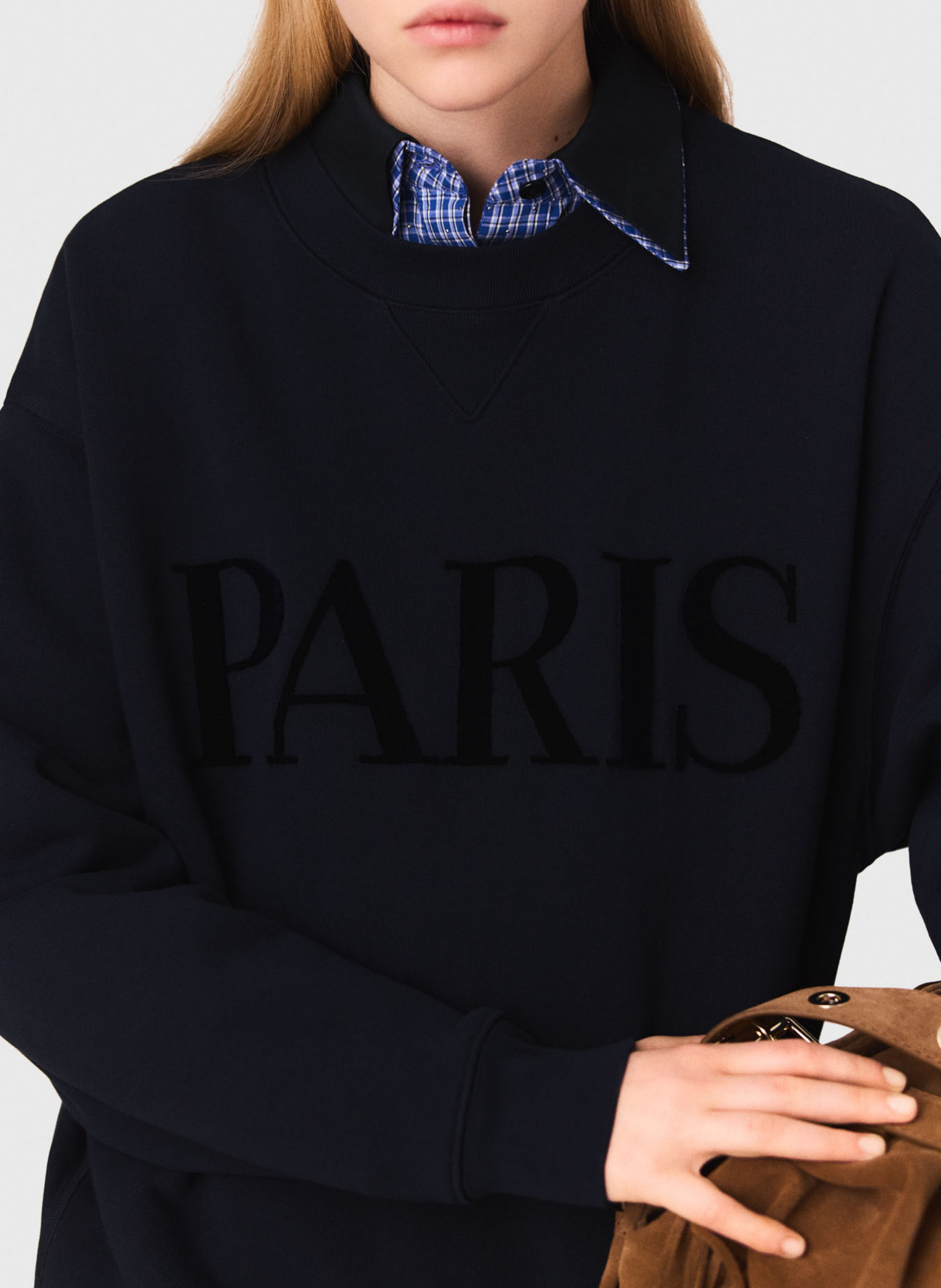 Sweat droit col rond en coton brodé MAJE Bleu