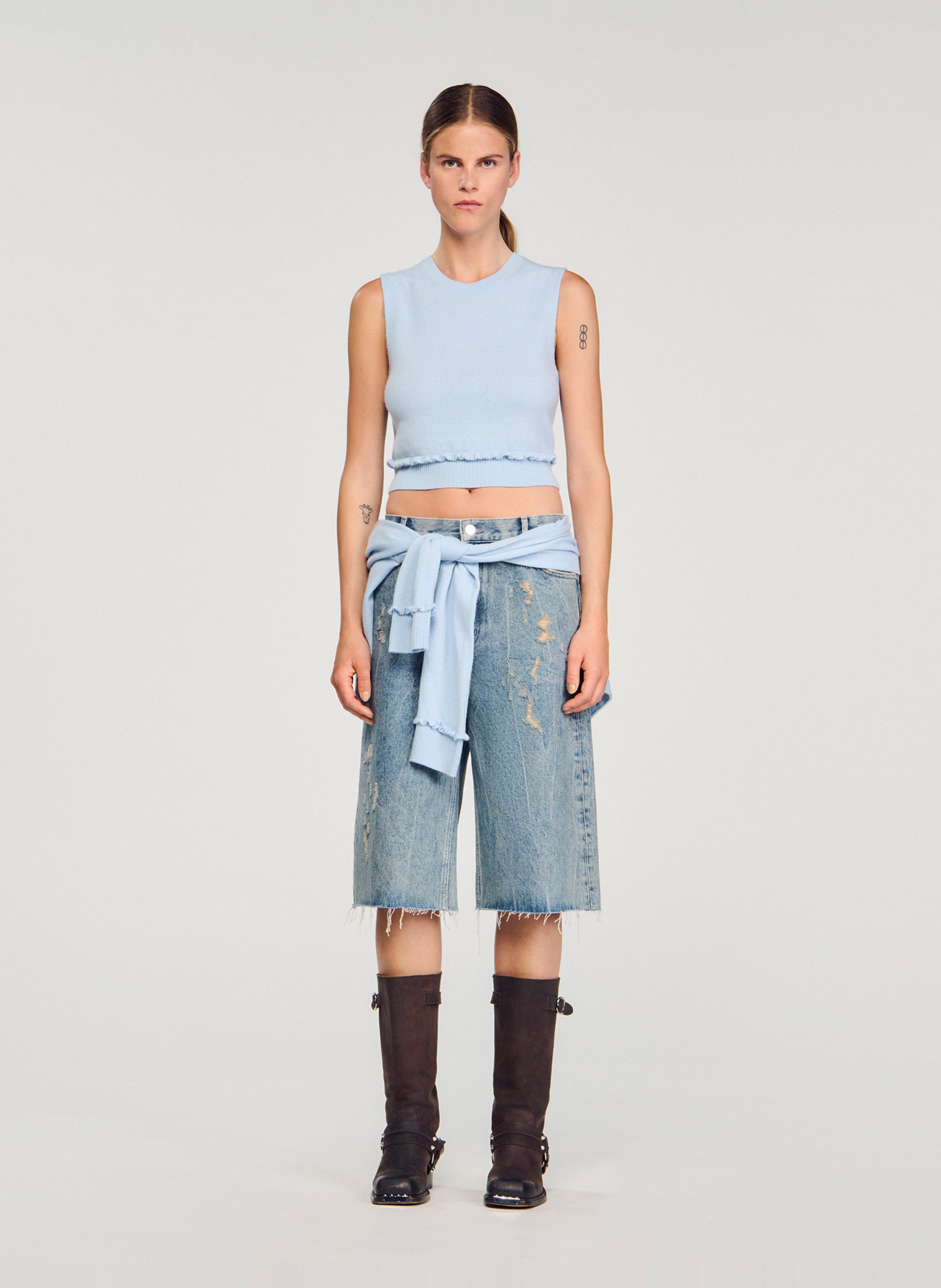 Top col rond en laine Bleu