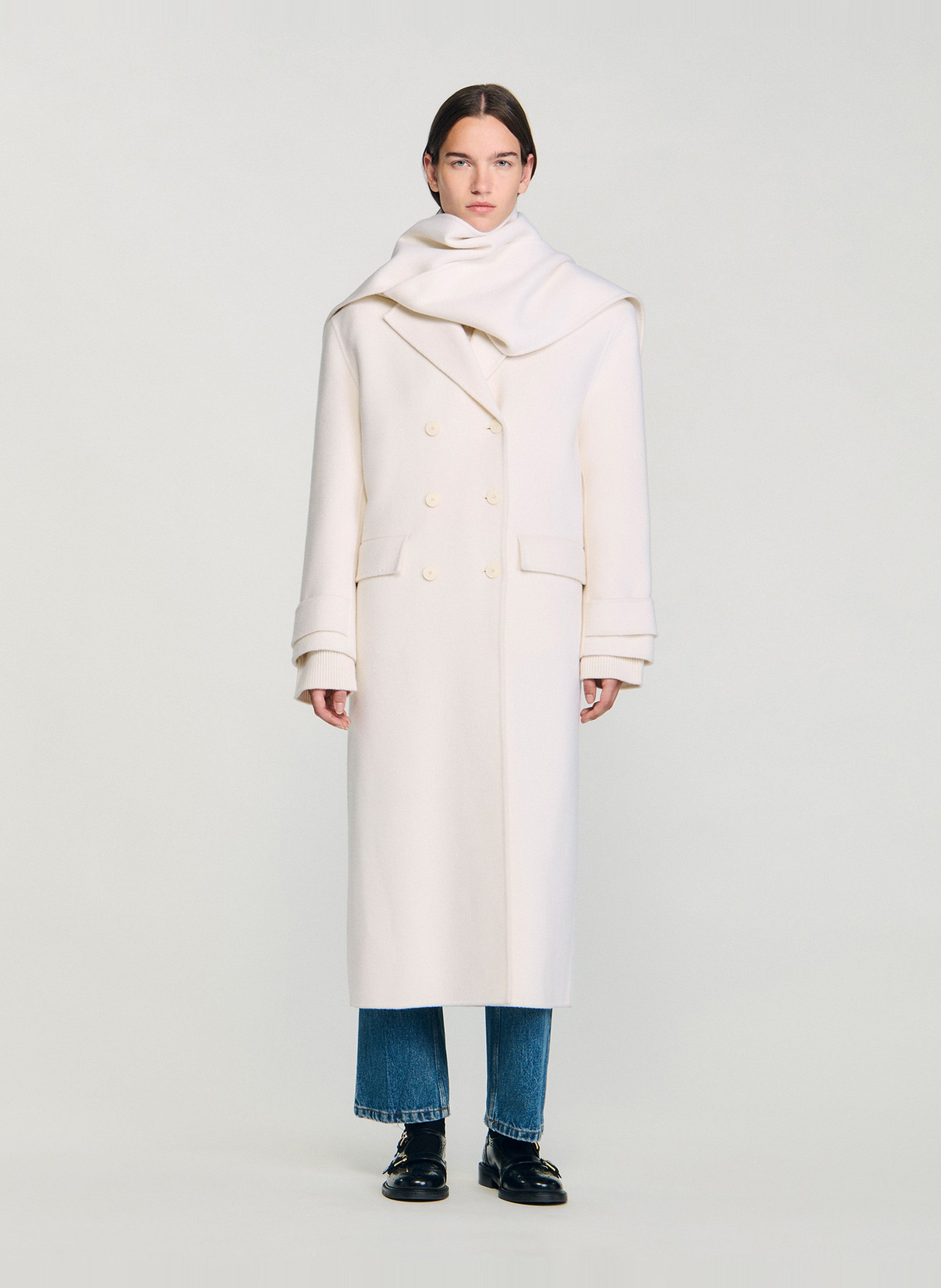 Manteau col à écharpe en laine SANDRO Beige