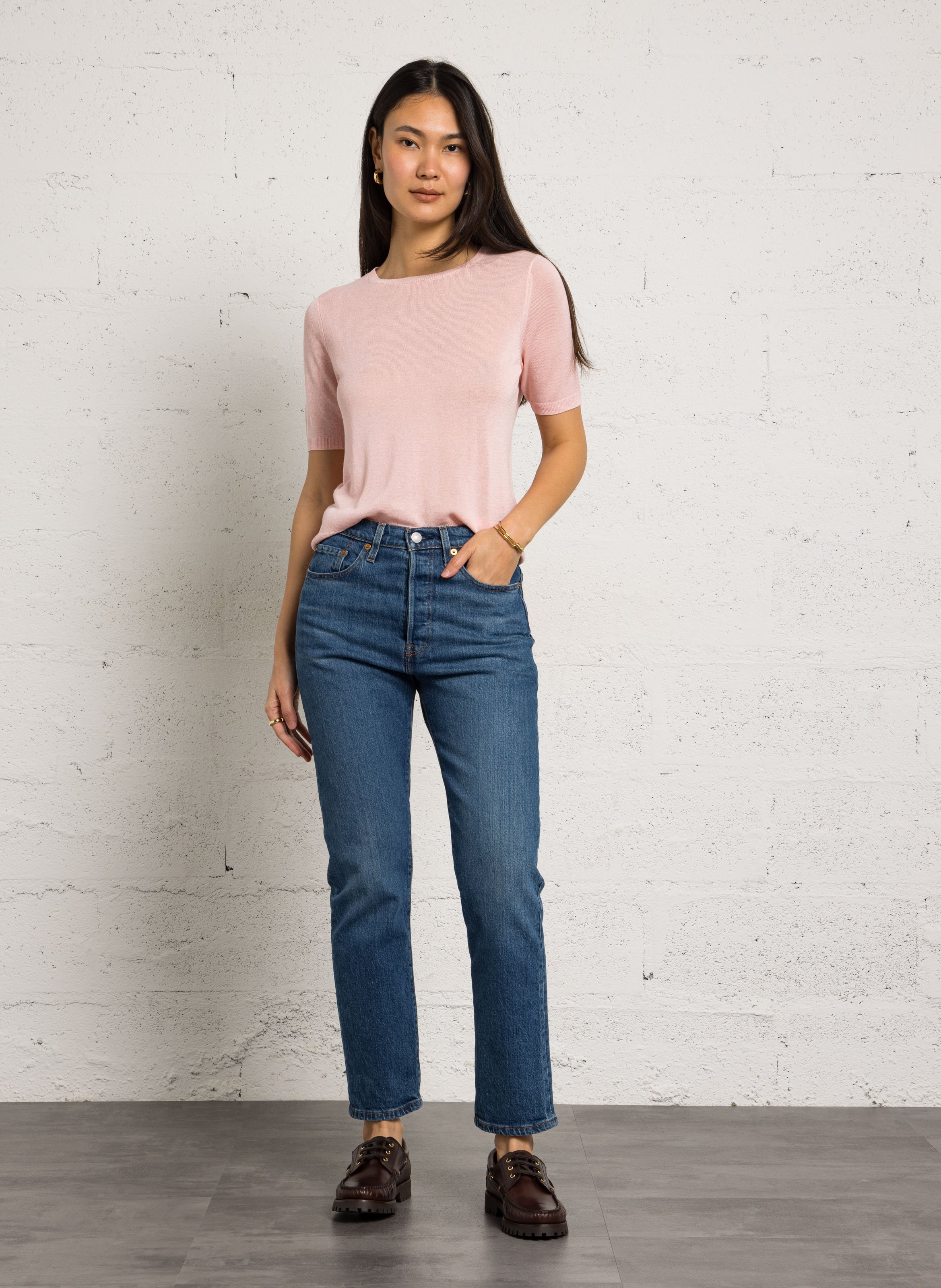 Pull manches courtes en maille fine unie paprika bis MAISON 123 Rose