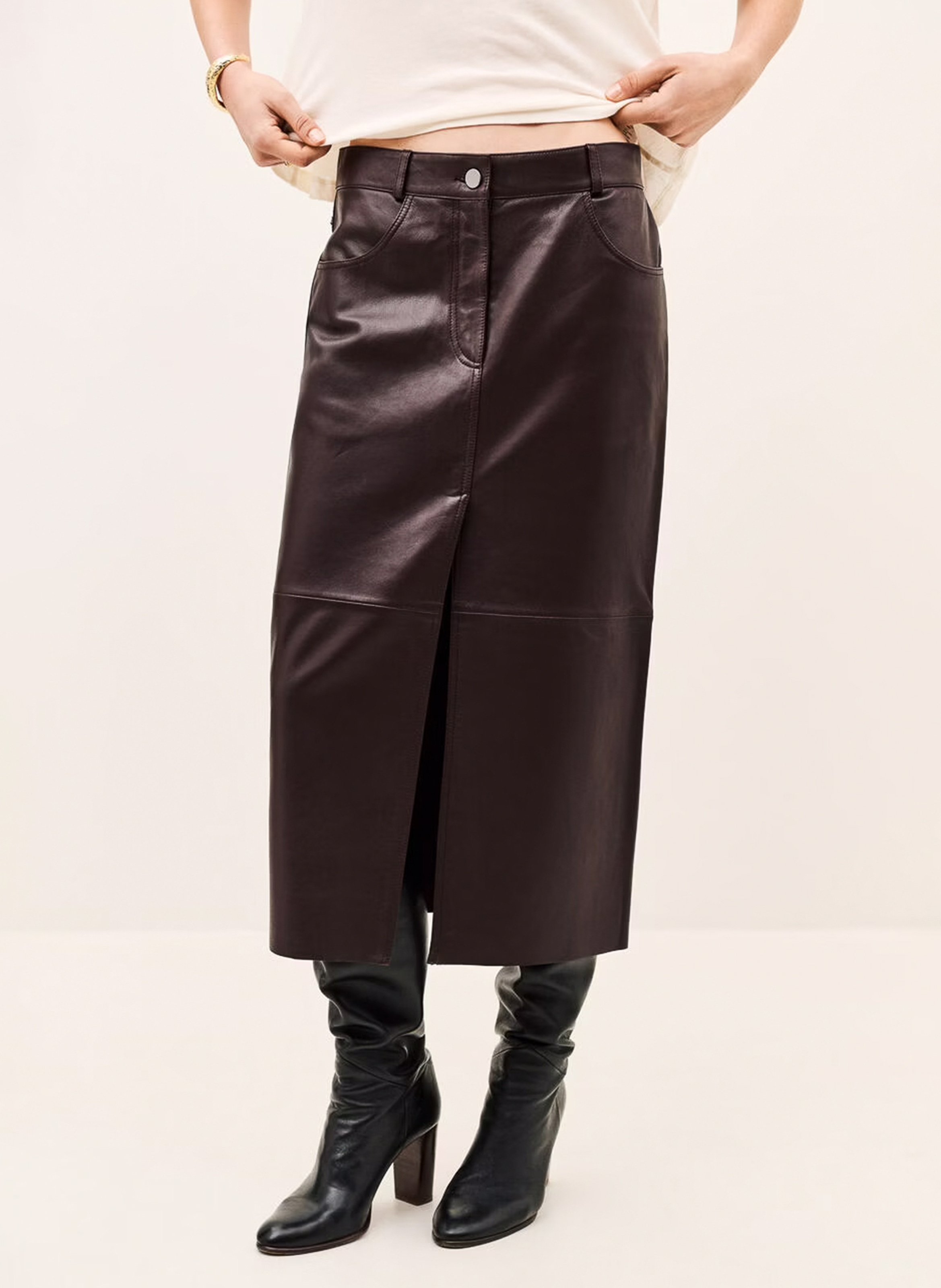 Jupe midi droite en cuir solene BA&SH Violet