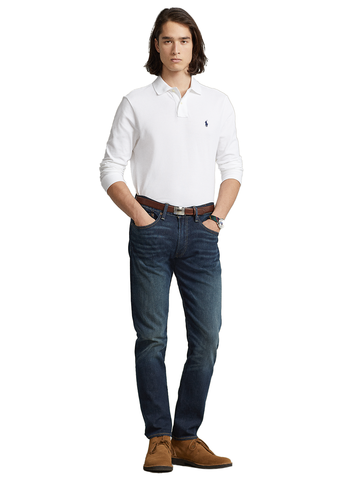 Polo slim à manches longues en maille piqué de coton POLO RALPH LAUREN Blanc