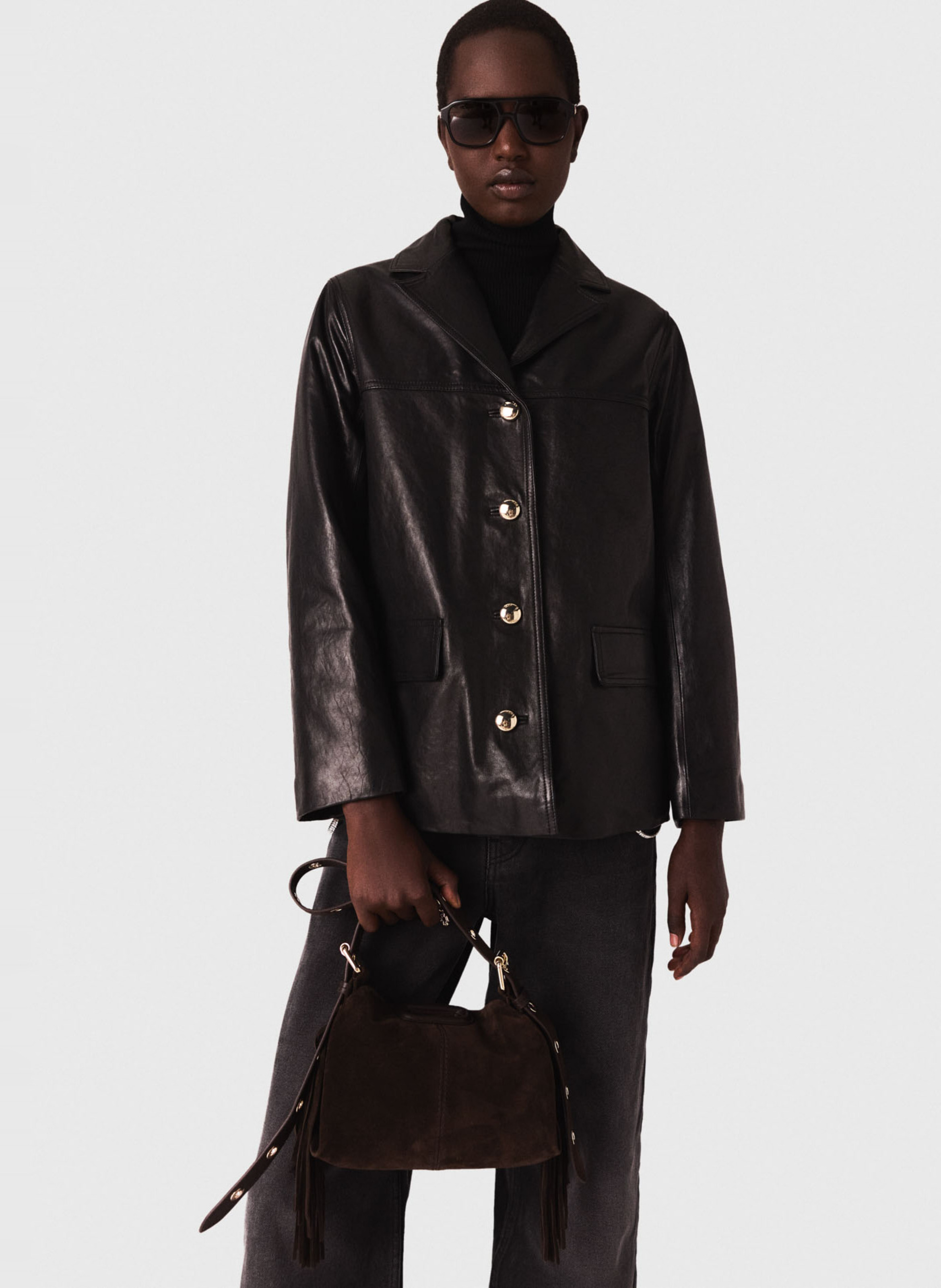 Veste col tailleur en cuir MAJE Noir