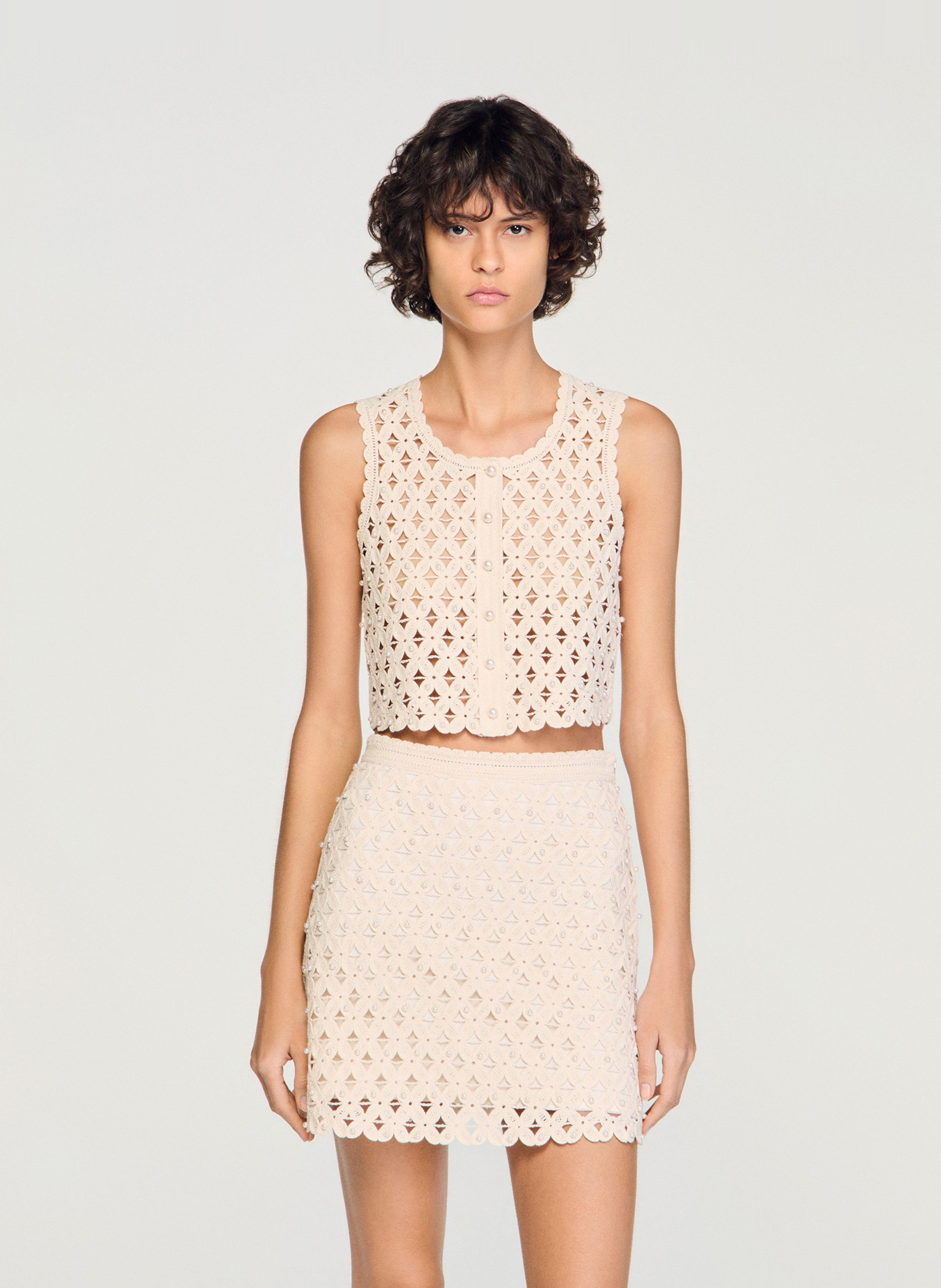 Gilet col rond en maille crochet SANDRO Beige