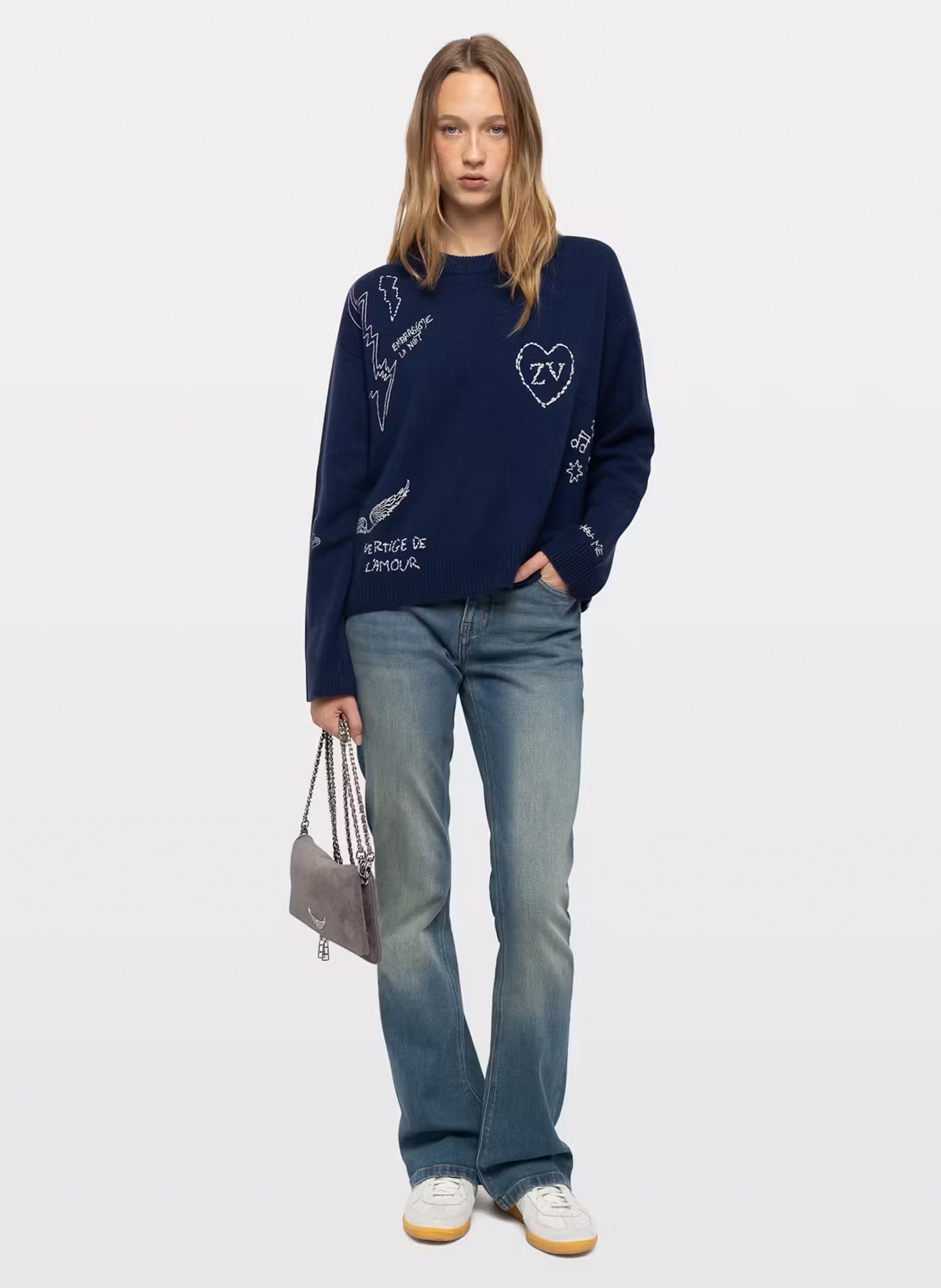 Markuz rechte geborduurde trui met ronde hals van kasjmier ZADIG&VOLTAIRE Blauw