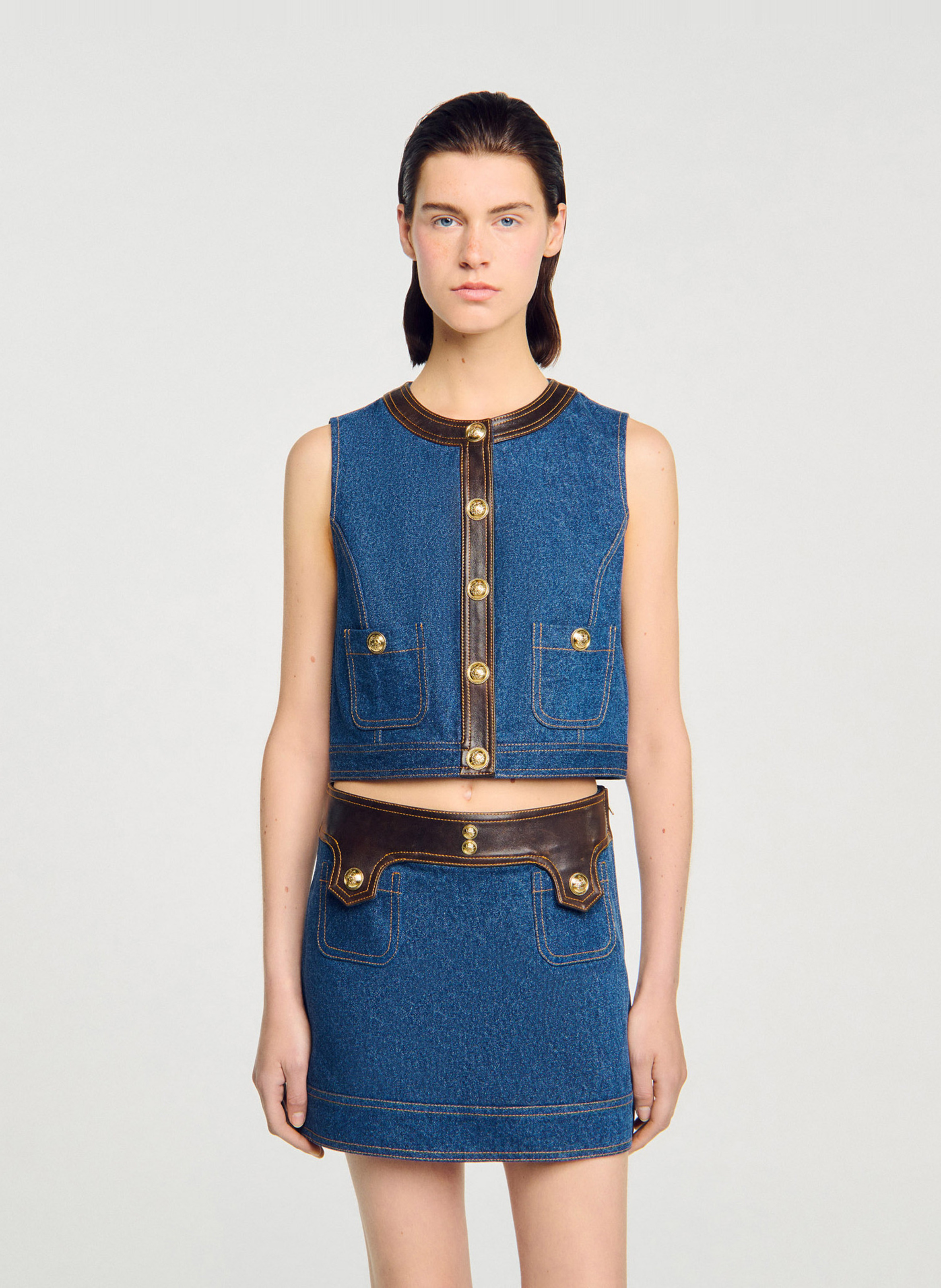 Top col rond en denim de coton SANDRO Bleu