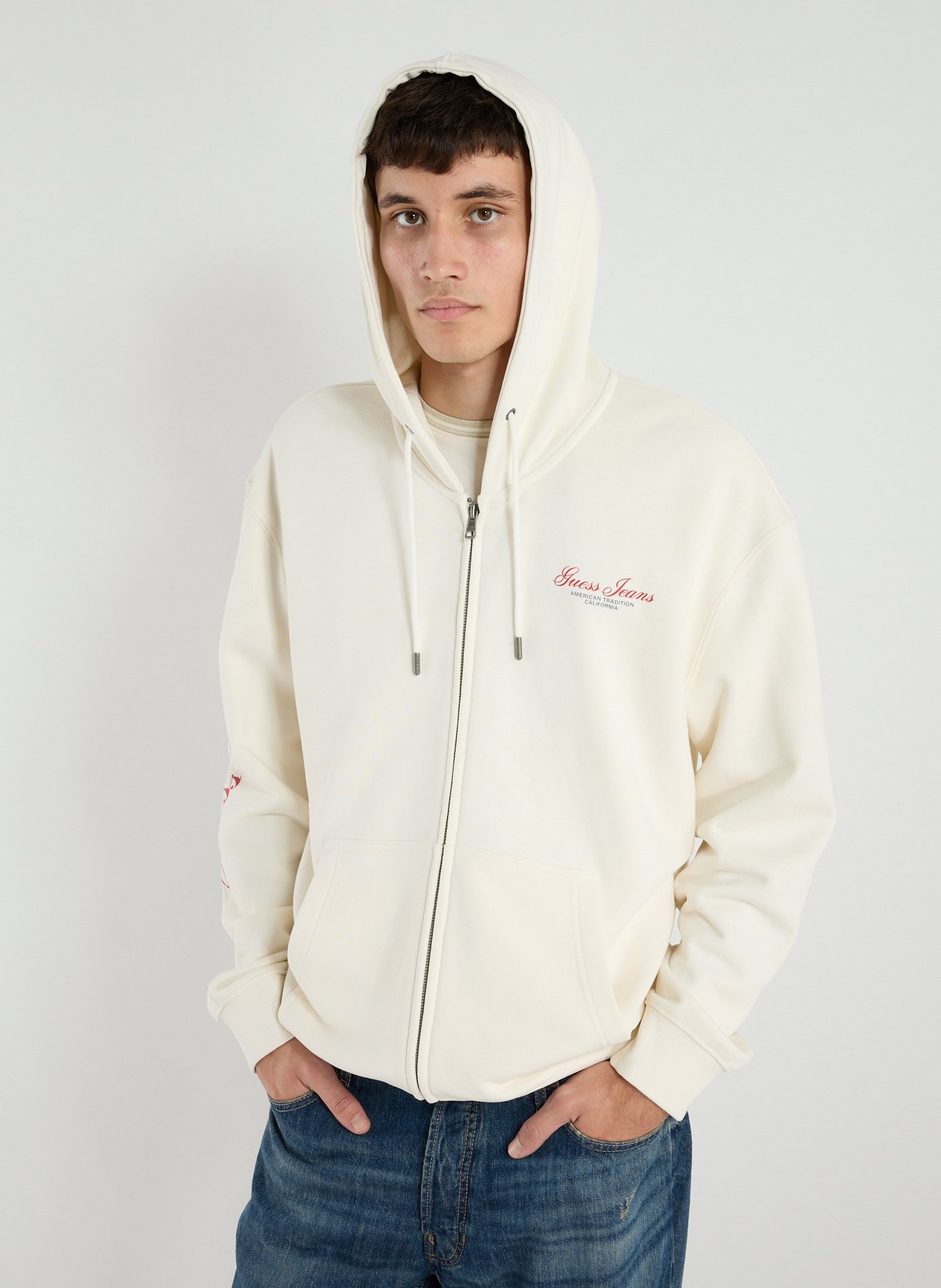 GUESS Sweat zippé à capuche en coton Blanc