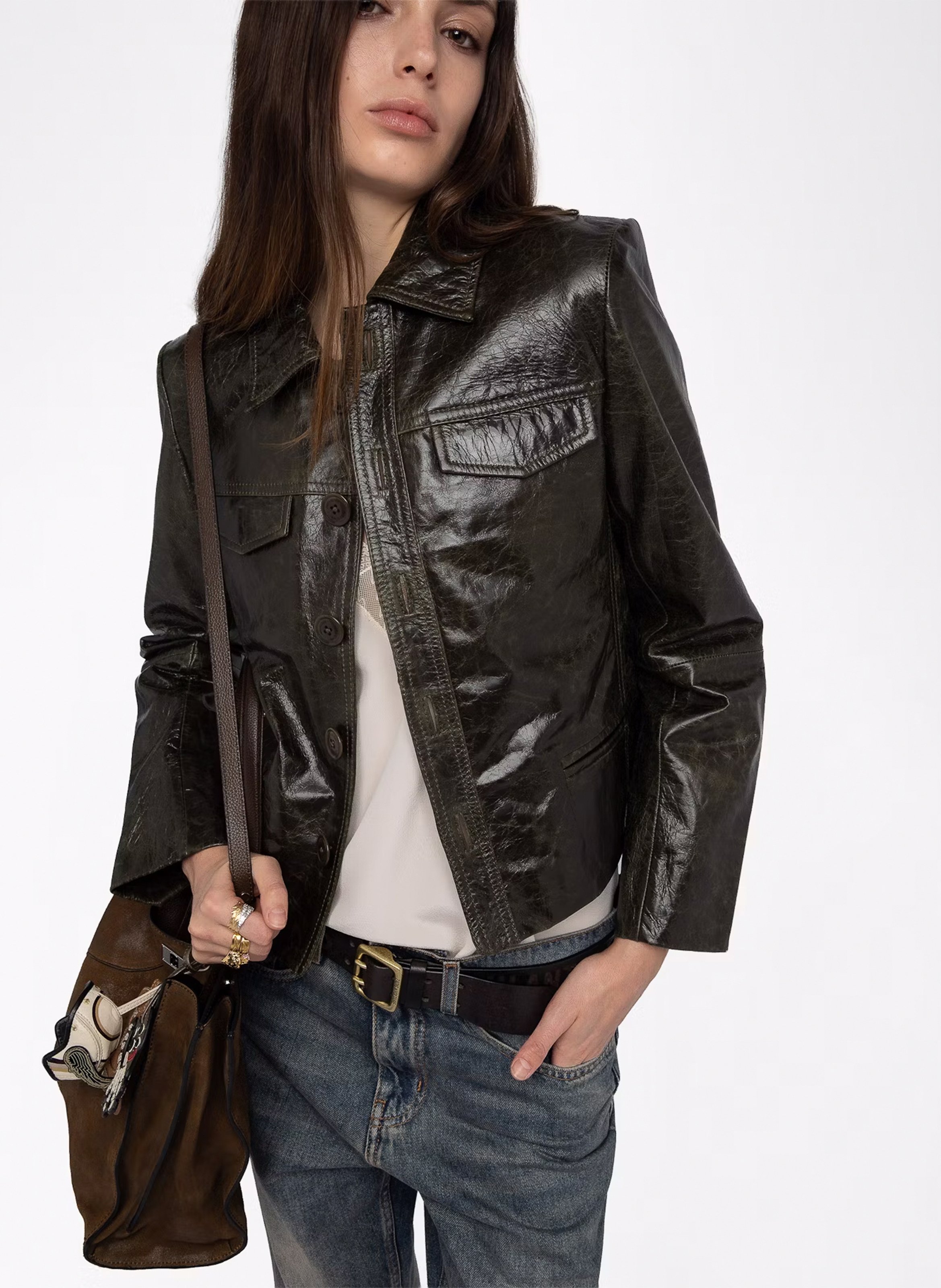 Blouson droit col classique en cuir liam ZADIG&VOLTAIRE Vert
