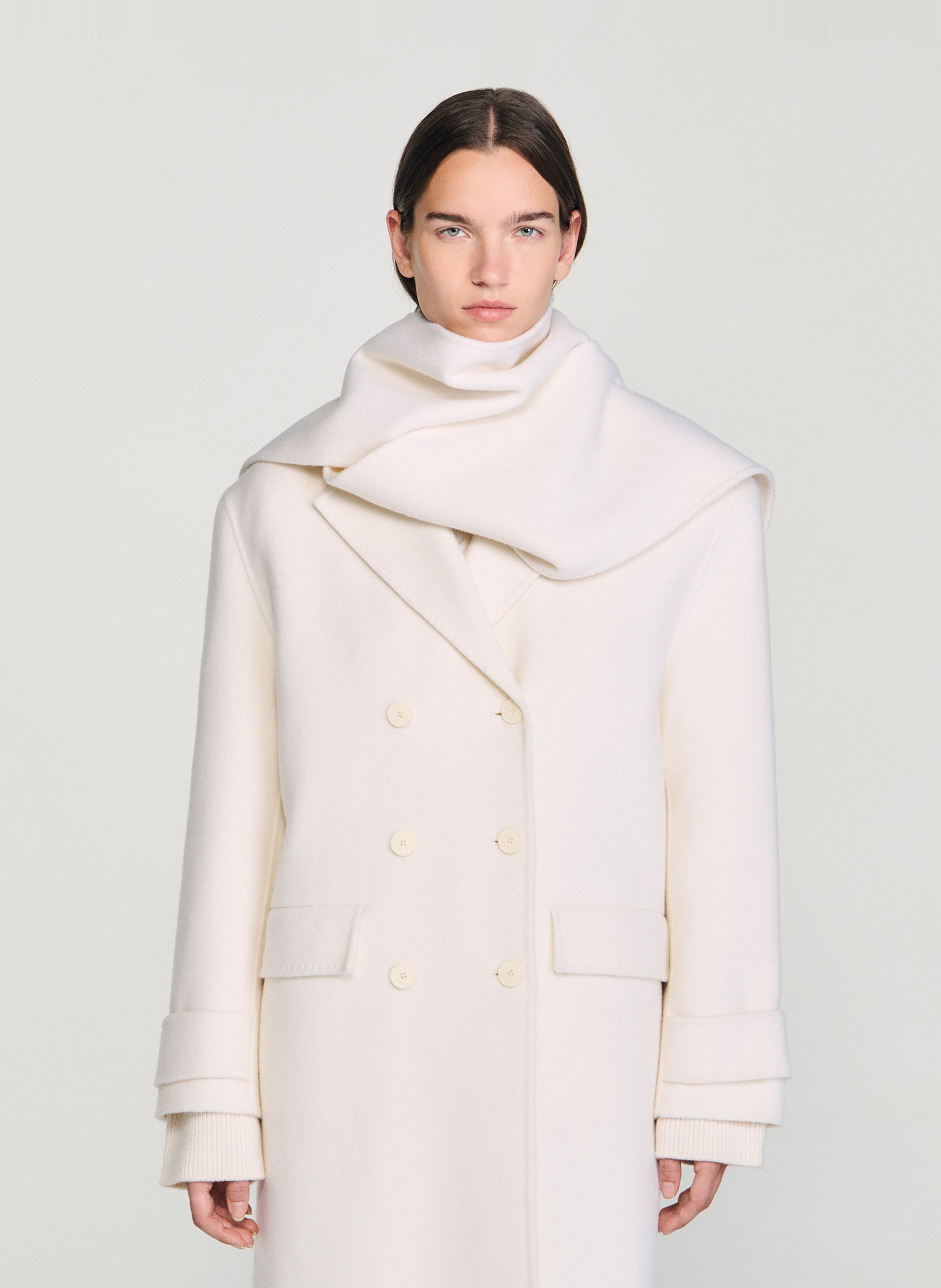 Manteau col à écharpe en laine SANDRO Beige
